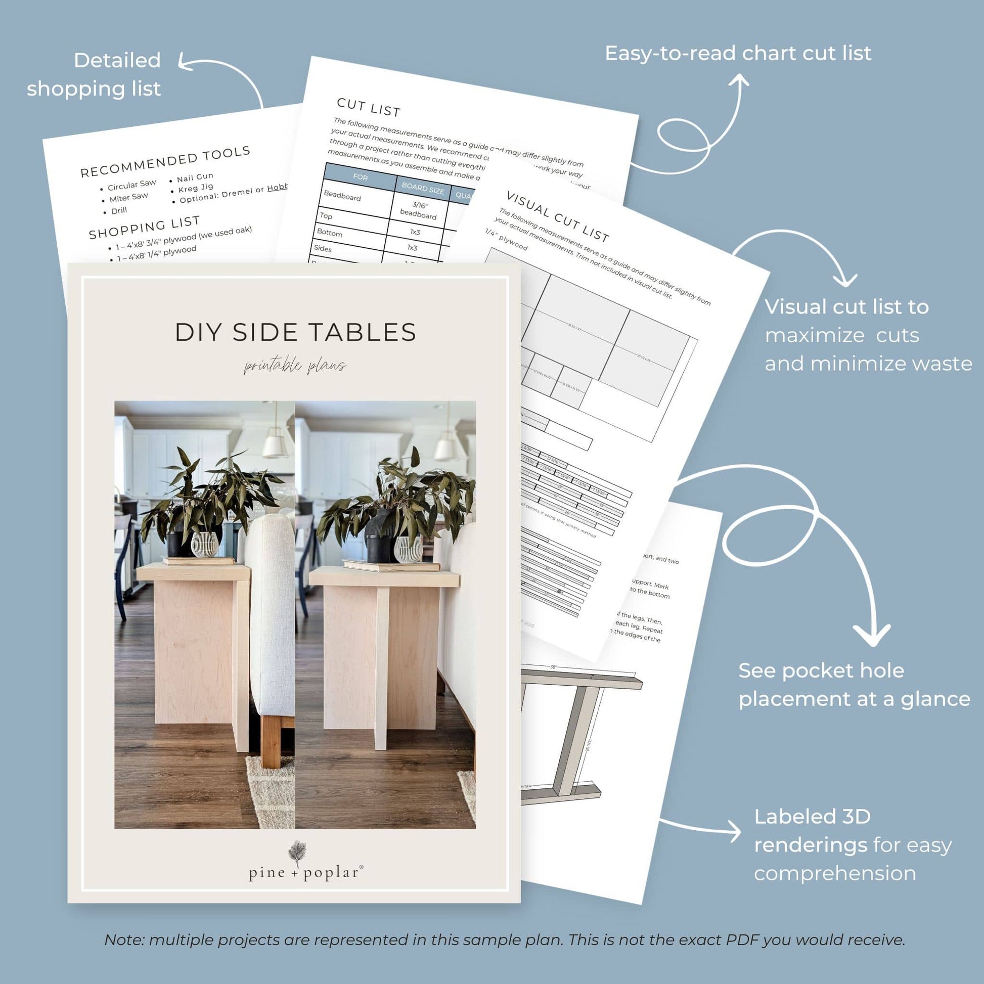 DIY side tables project plan with visual aids and text on a blue background