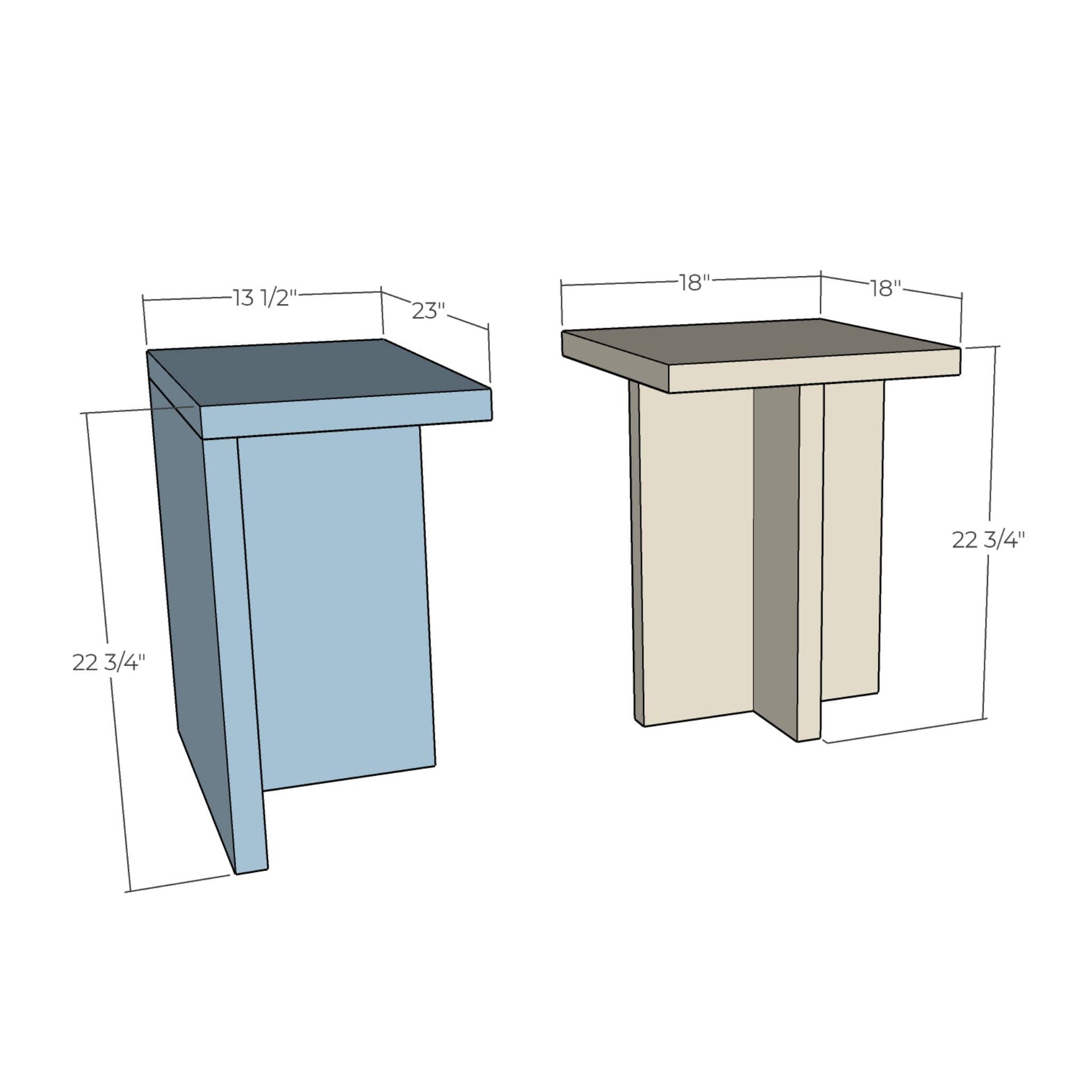 Two small tables with dimensions labeled on a white background