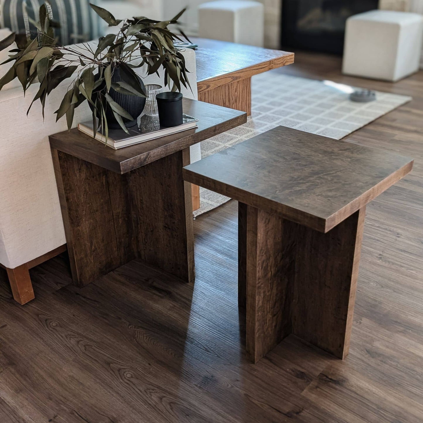 Wooden side table set in a living room setting