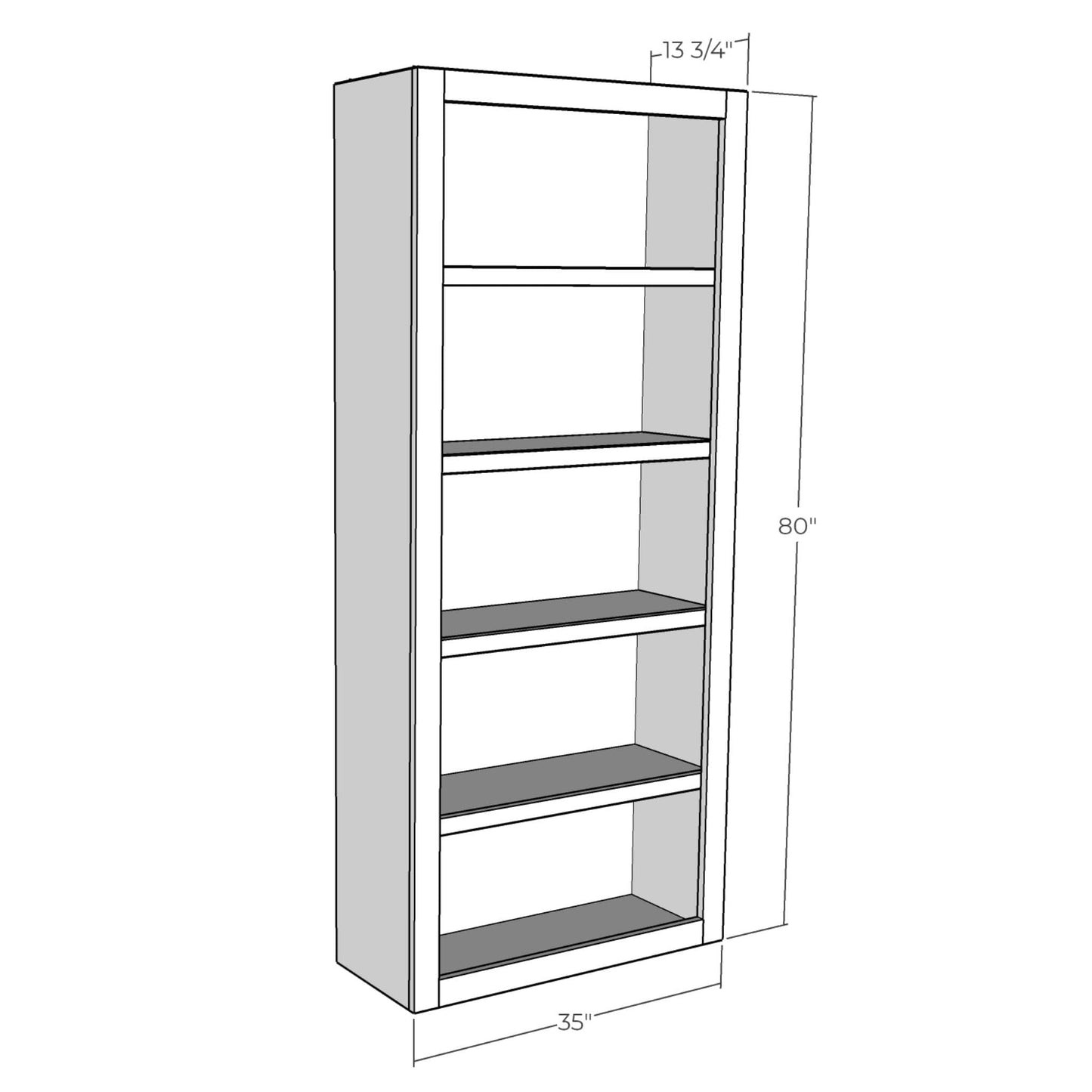 3D rendering of DIY simple bookcase with dimensions