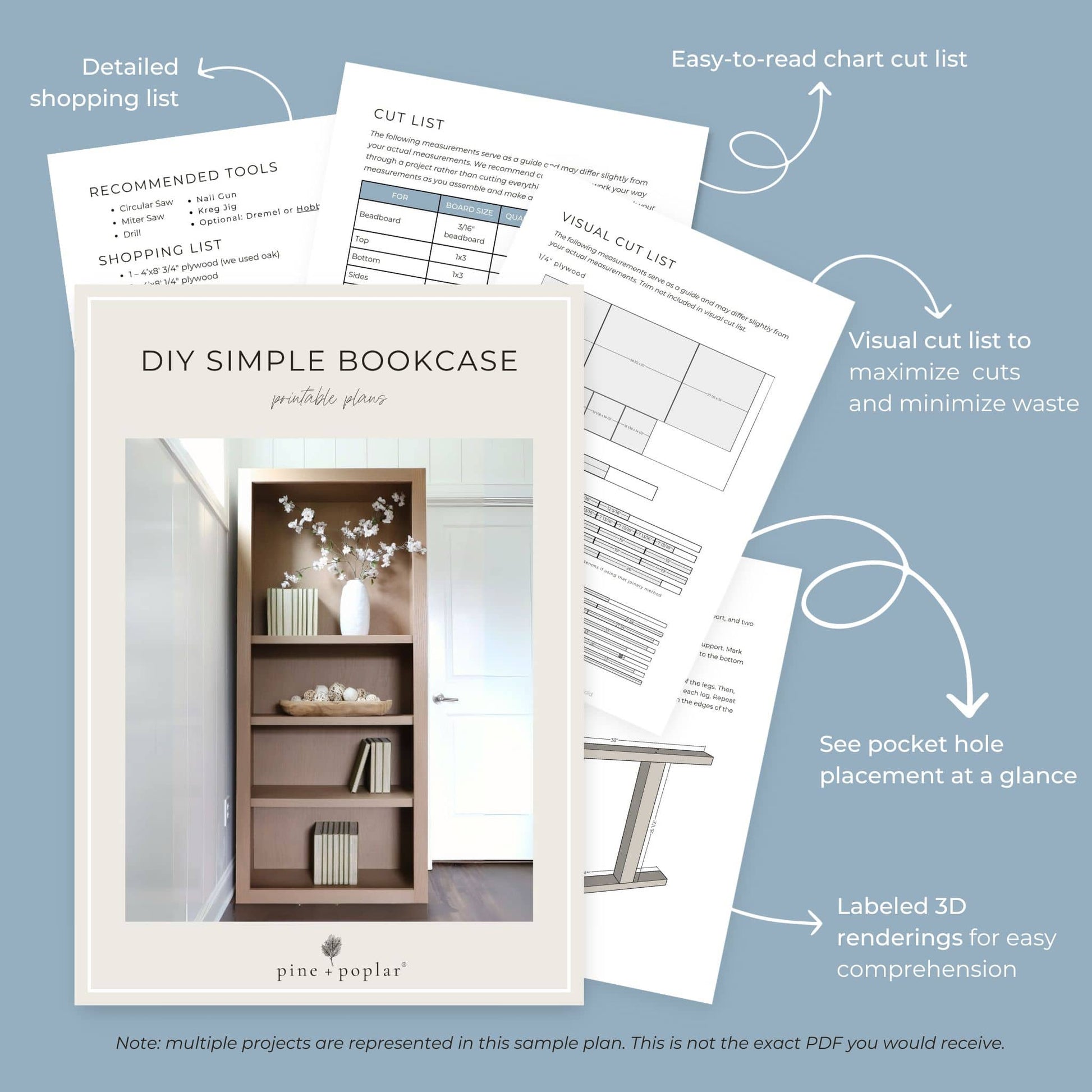 DIY Simple Bookcase printable plans with visual aids on a light blue background