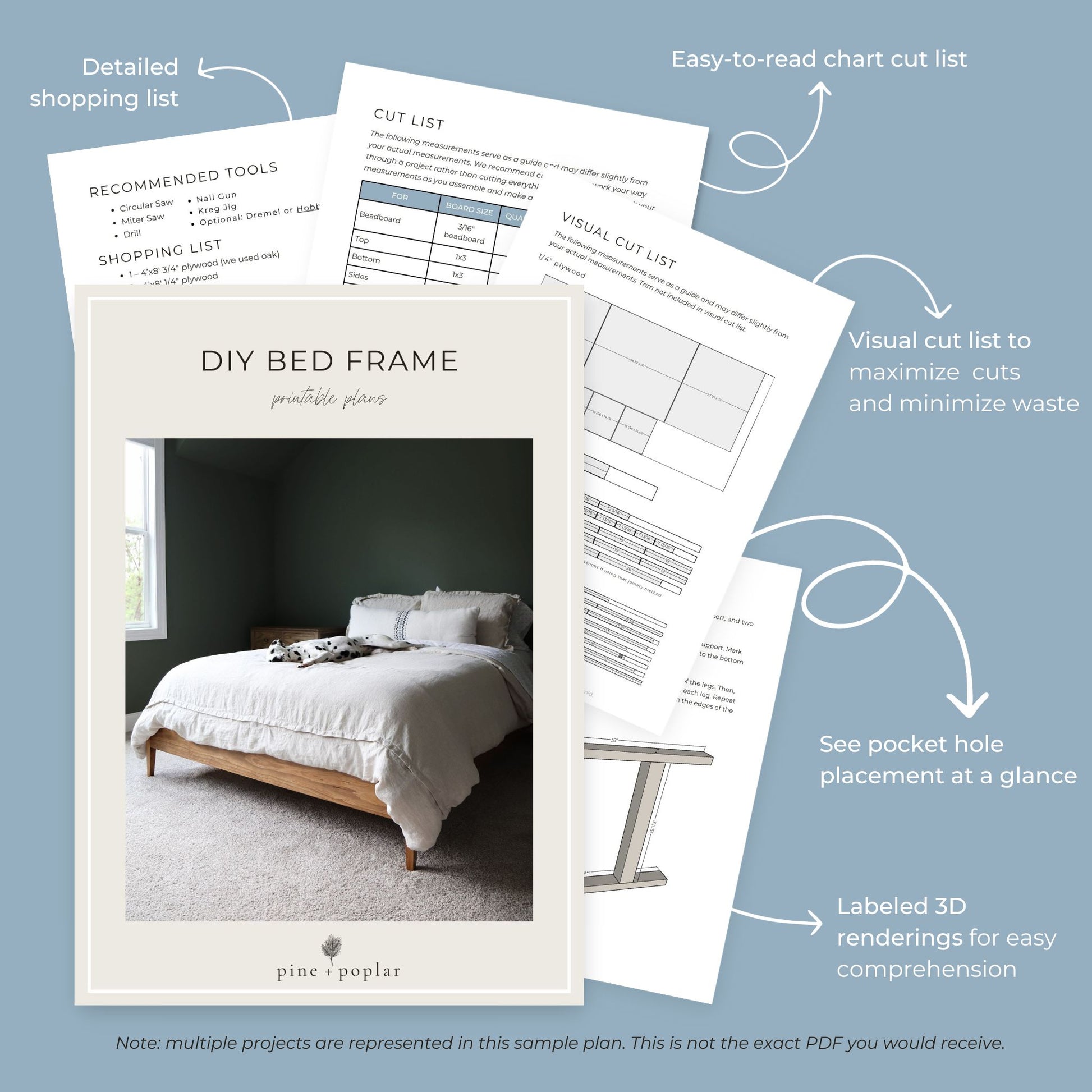 peek inside of DIY printable plans showing visual cut list and 3D renderings