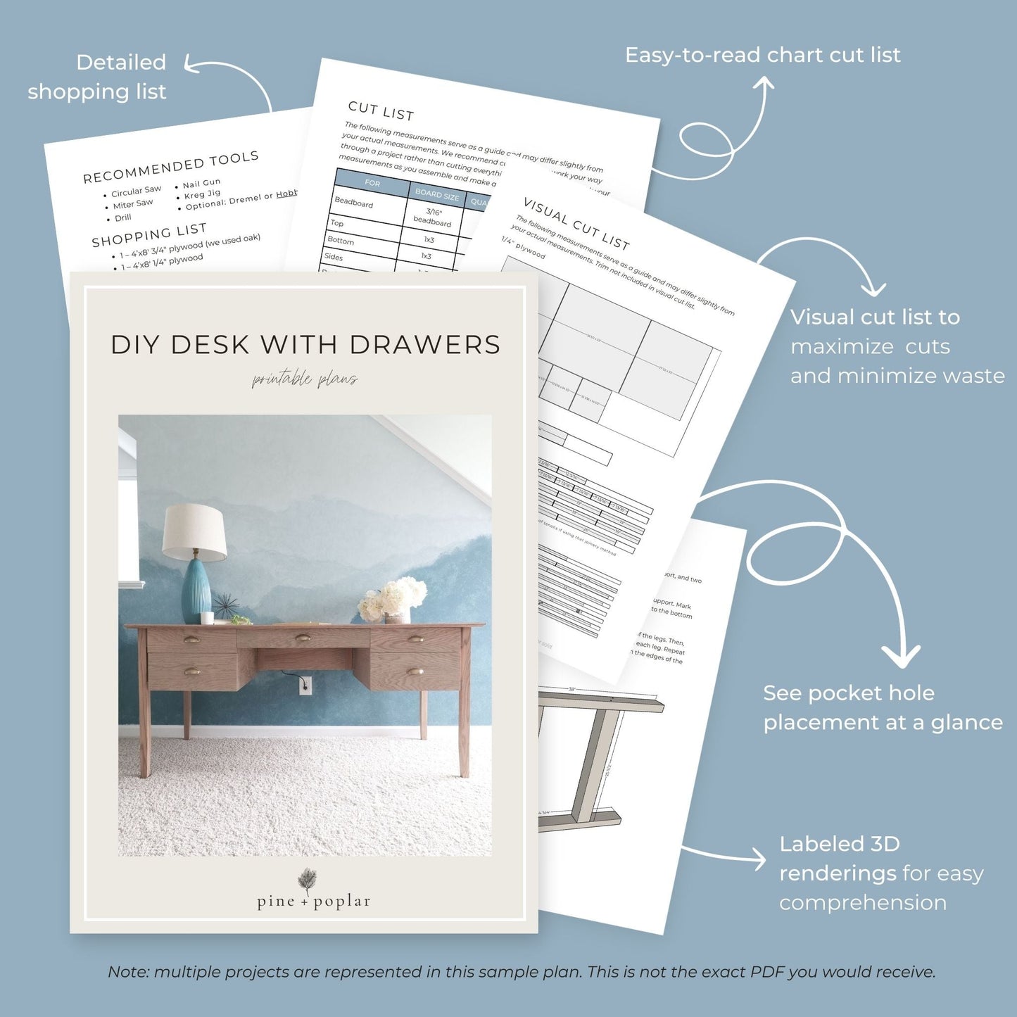 Preview pages of DIY printable project plans showing cut lists, 3D renderings, and detailed shopping list