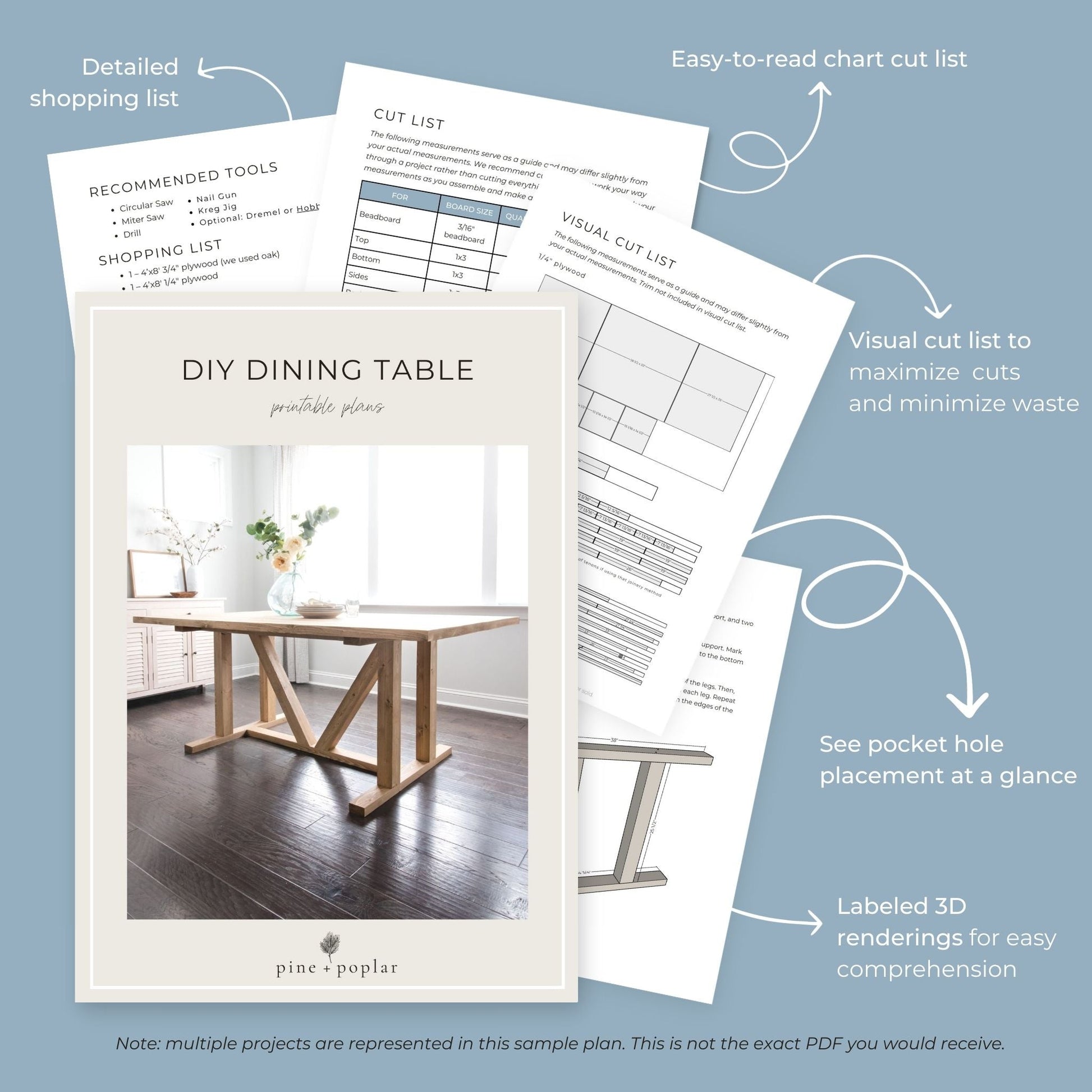 Preview pages of DIY printable project plans showing cut lists, 3D renderings, and detailed shopping list