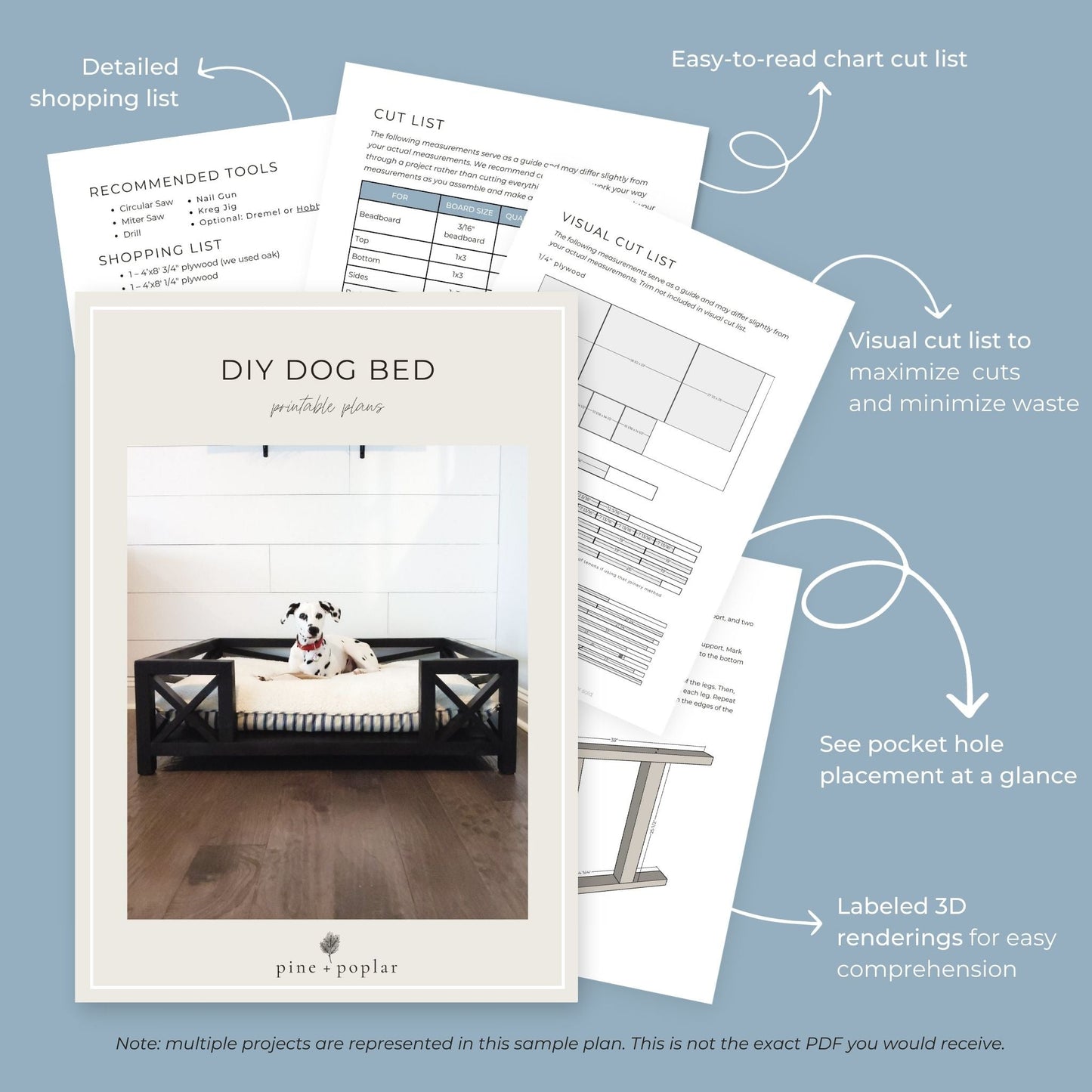 Preview pages of DIY printable project plans showing cut lists, 3D renderings, and detailed shopping list