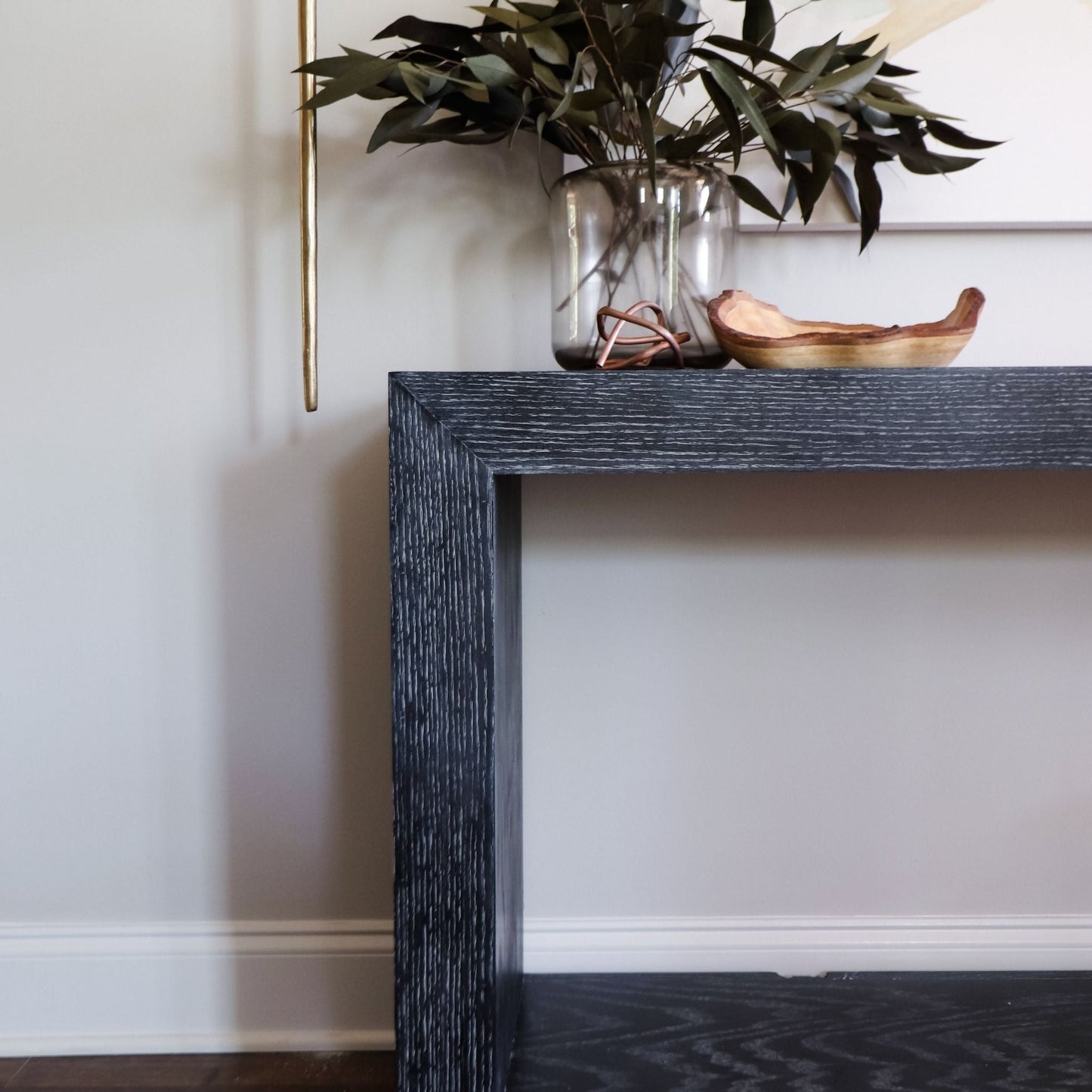 Entry Table close up stained black and styled