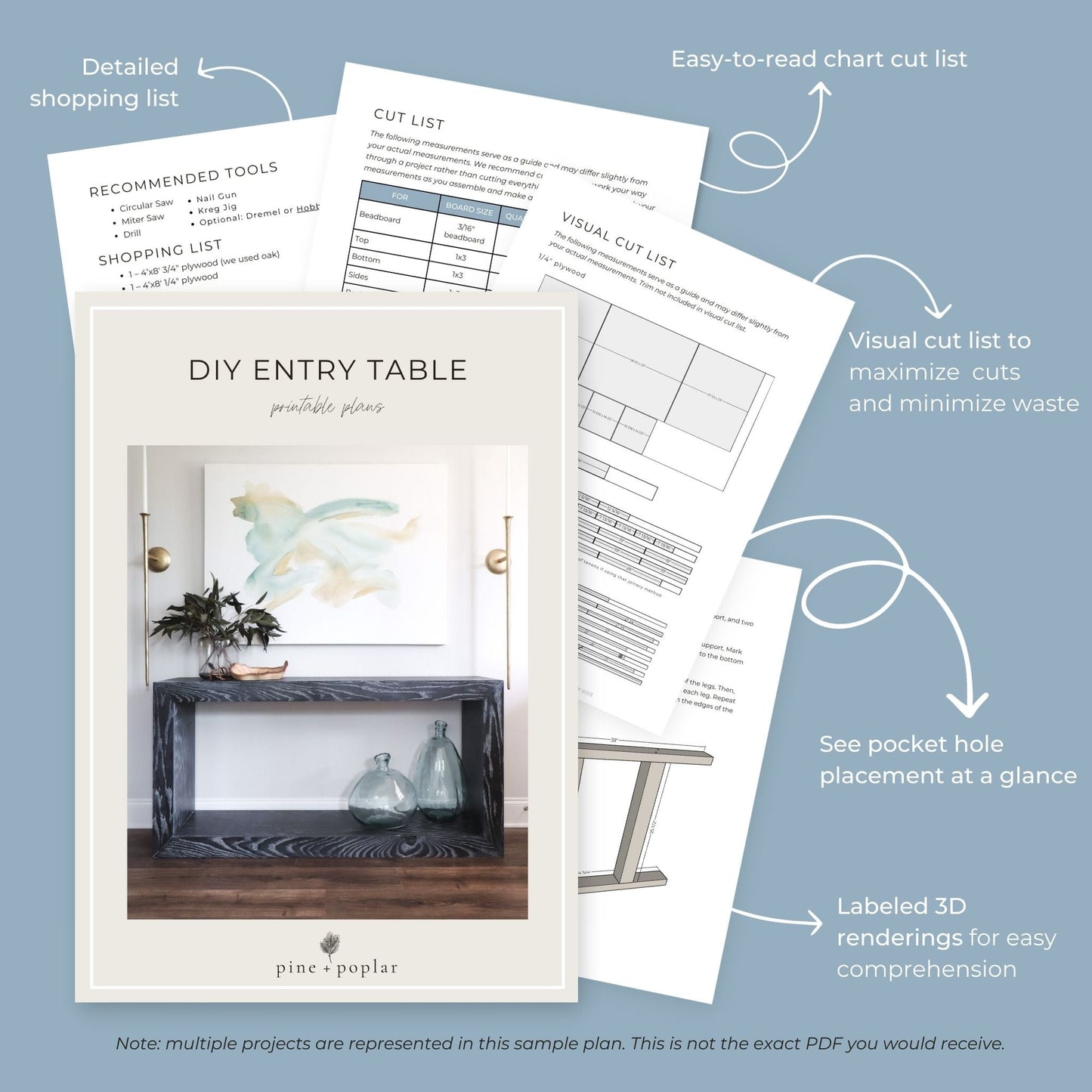 Preview pages of DIY printable project plans showing cut lists, 3D renderings, and detailed shopping list