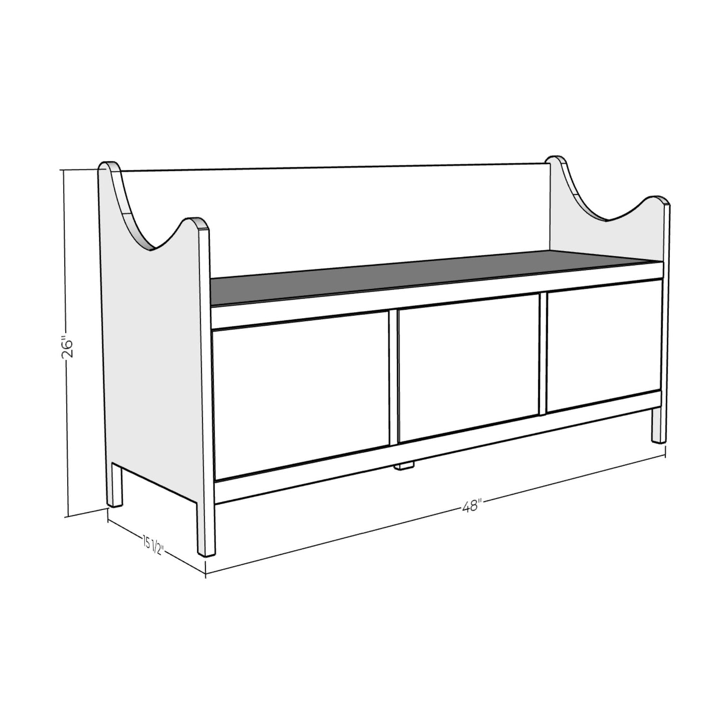 3D rendering of Entryway Bench with Storage with dimensions