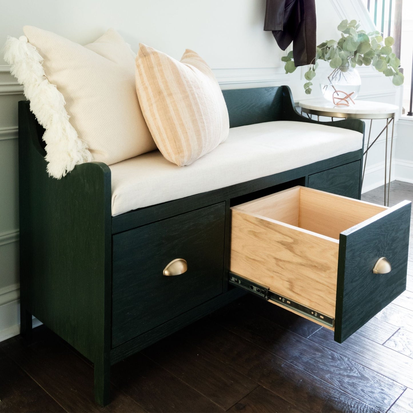 Entryway Bench with Storage stained dark green with drawer open