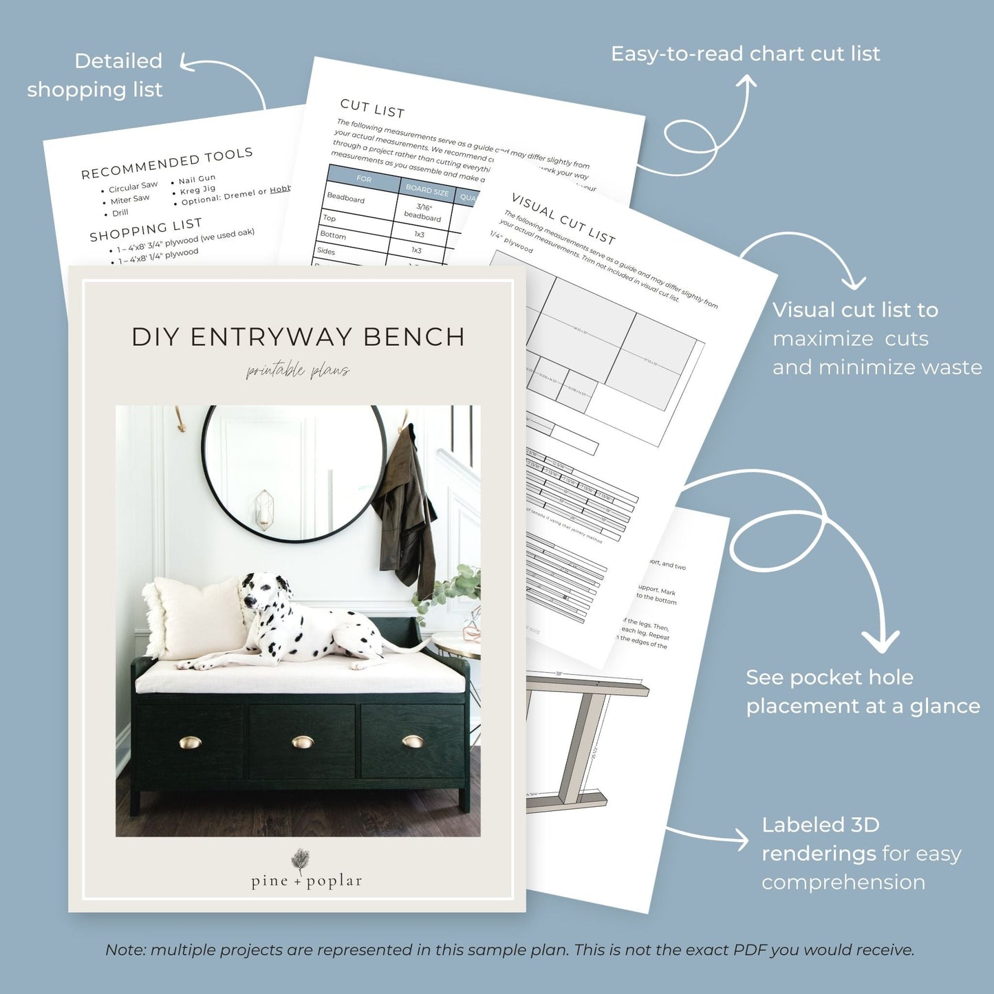 Preview pages of DIY printable project plans showing cut lists, 3D renderings, and detailed shopping list