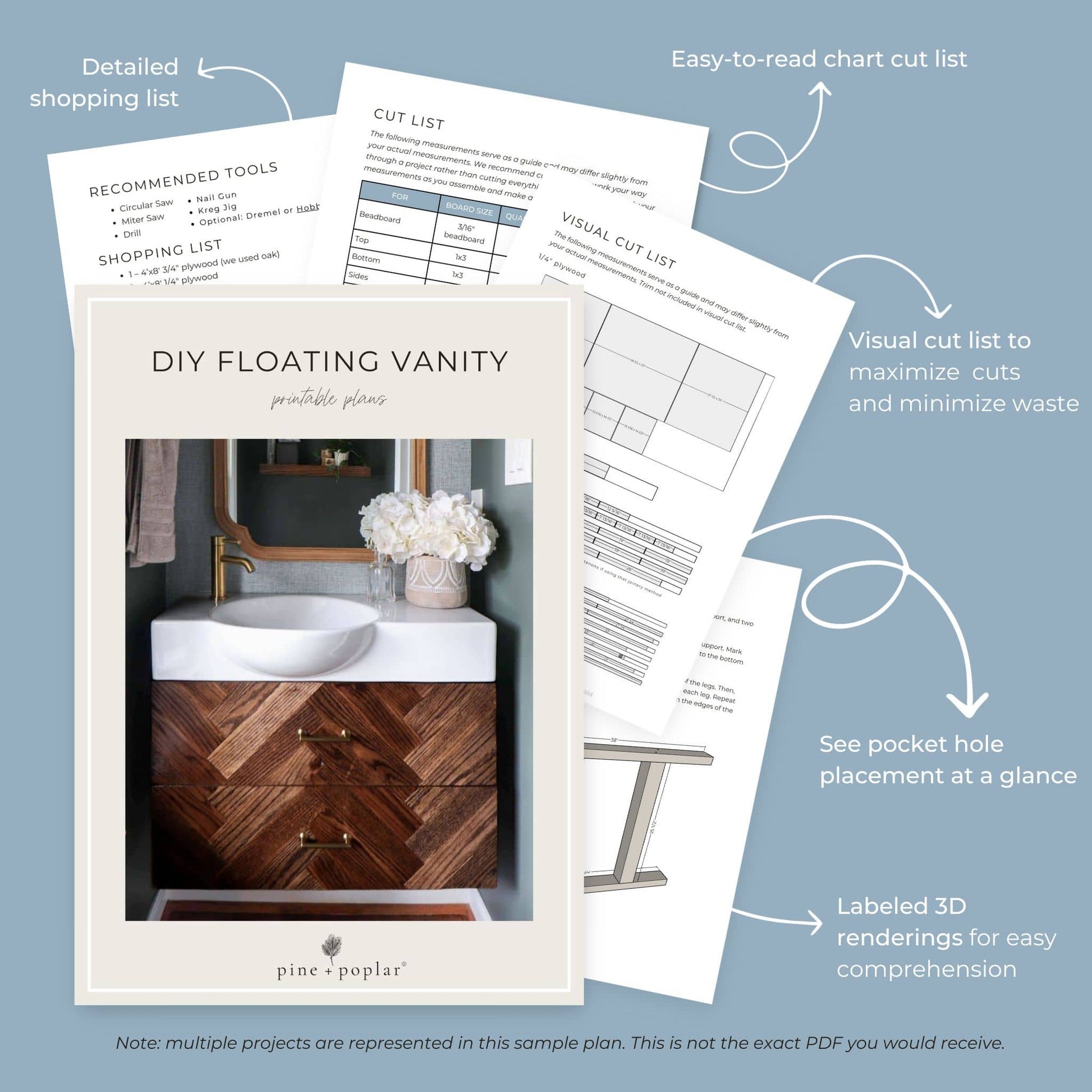 Preview pages of DIY printable project plans showing cut lists, 3D renderings, and detailed shopping list