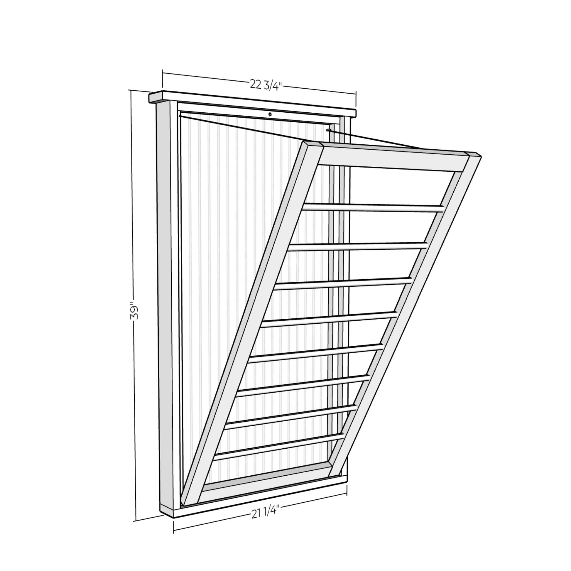 3D rendering of Fold-Down Drying Rack with dimensions