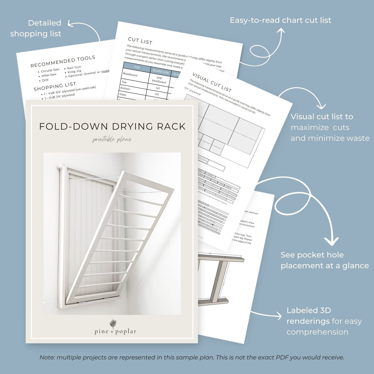 Preview pages of DIY printable project plans showing cut lists, 3D renderings, and detailed shopping list