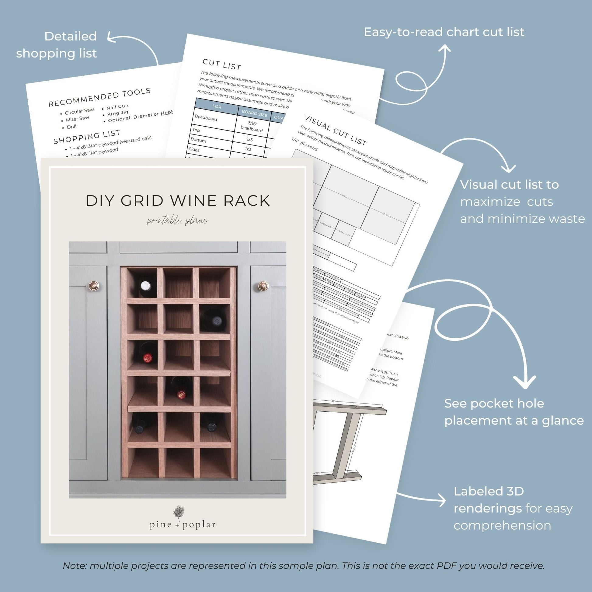 Preview pages of DIY printable project plans showing cut lists, 3D renderings, and detailed shopping list