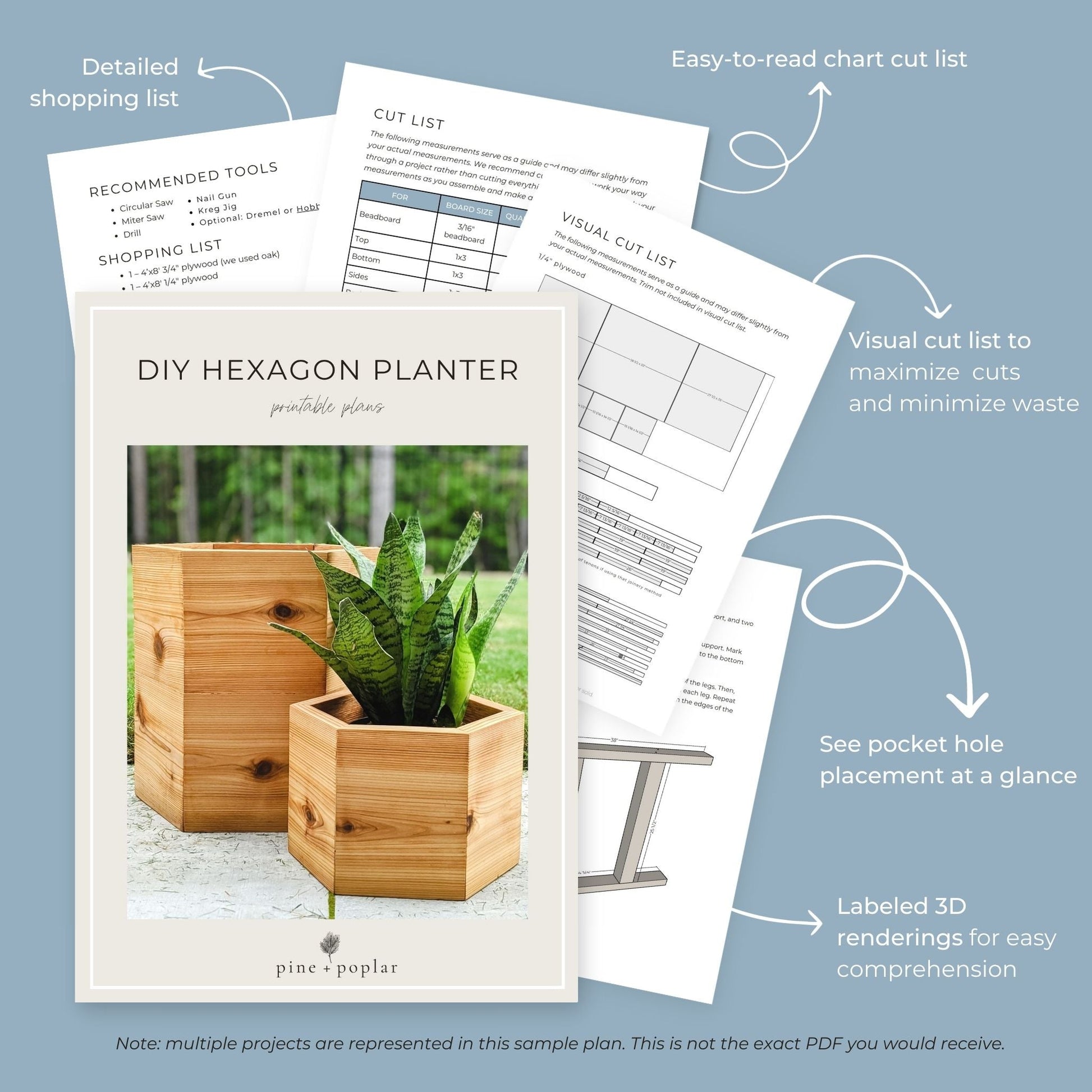 Preview pages of DIY printable project plans showing cut lists, 3D renderings, and detailed shopping list