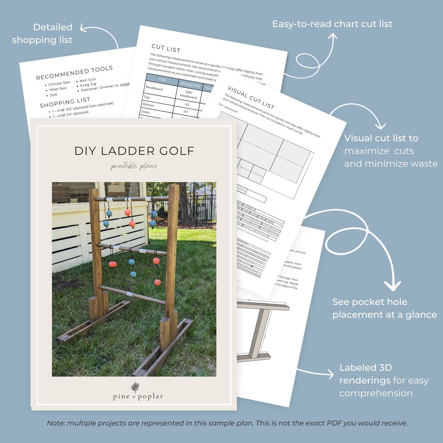 Preview pages of DIY printable project plans showing cut lists, 3D renderings, and detailed shopping list