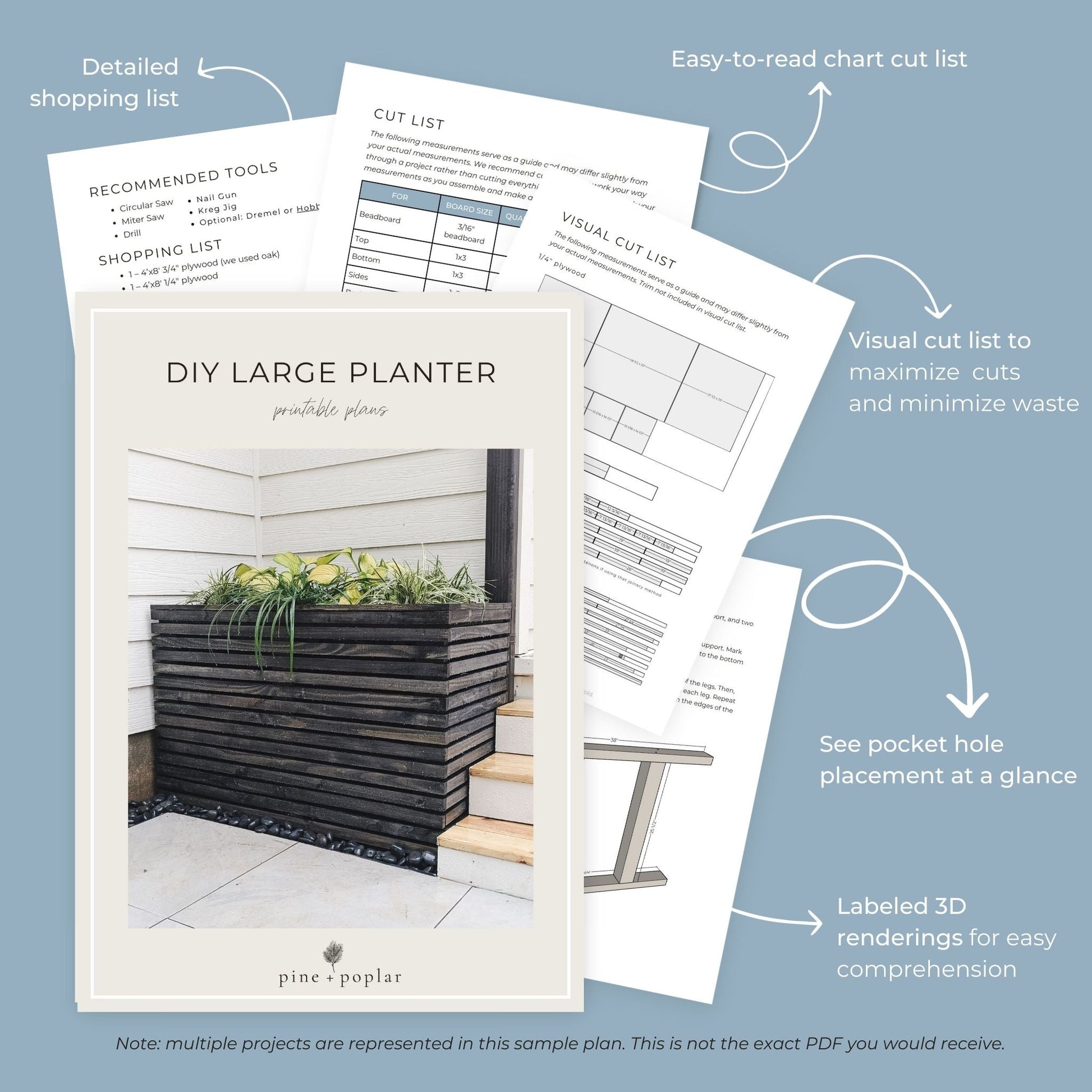 Preview pages of DIY printable project plans showing cut lists, 3D renderings, and detailed shopping list