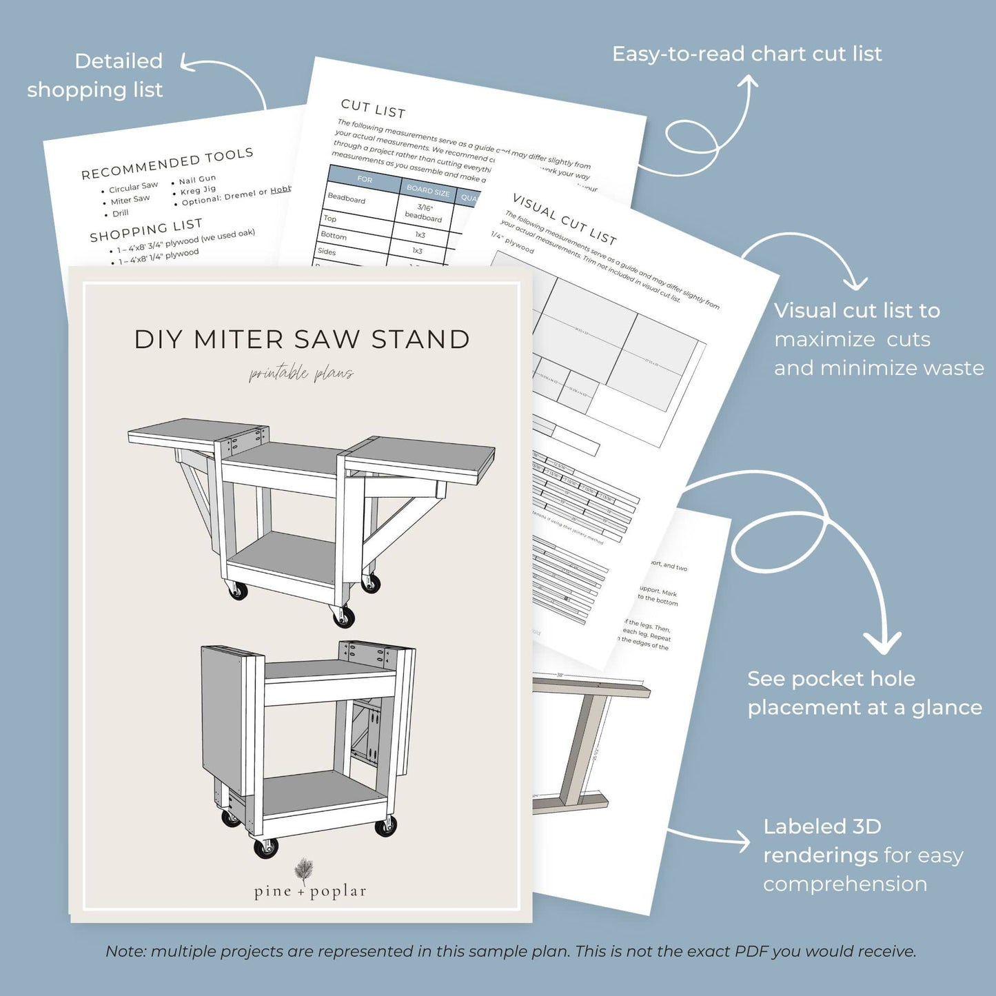 Preview pages of DIY printable project plans showing cut lists, 3D renderings, and detailed shopping list