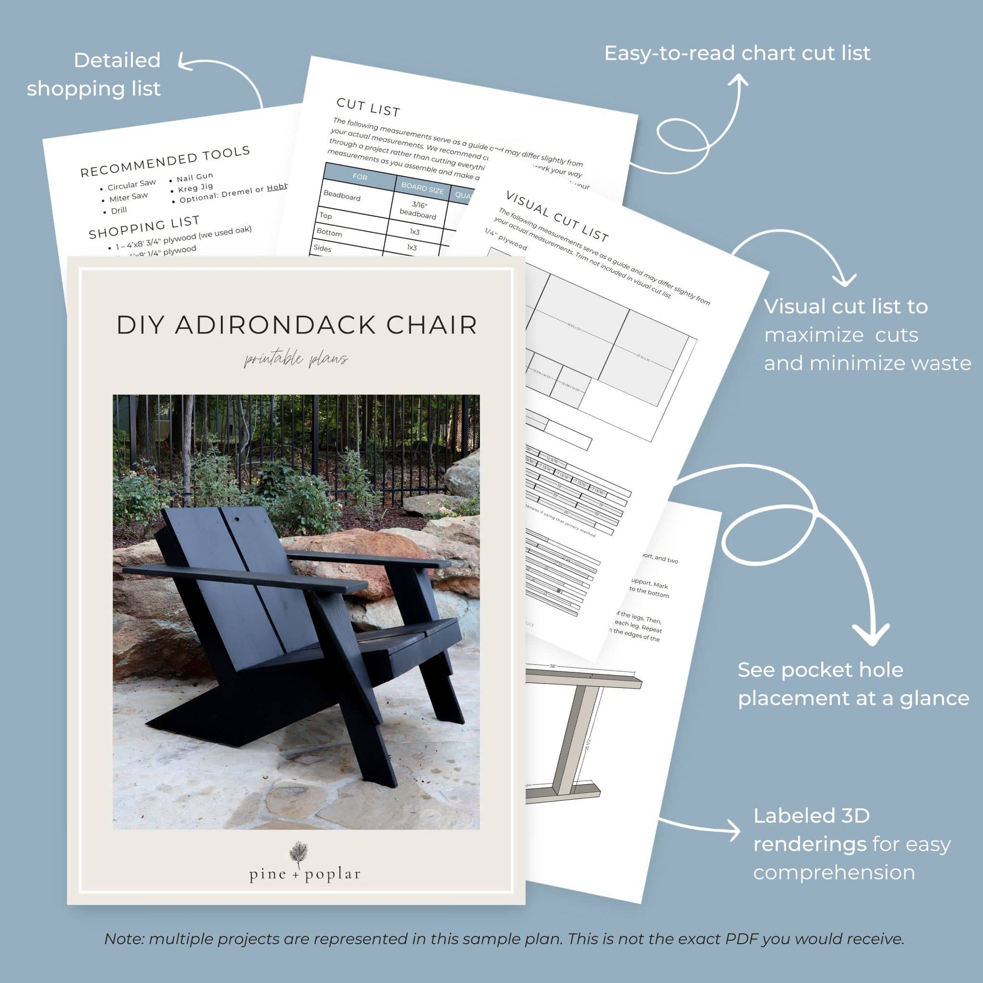 Preview pages of DIY printable project plans showing cut lists, 3D renderings, and detailed shopping list