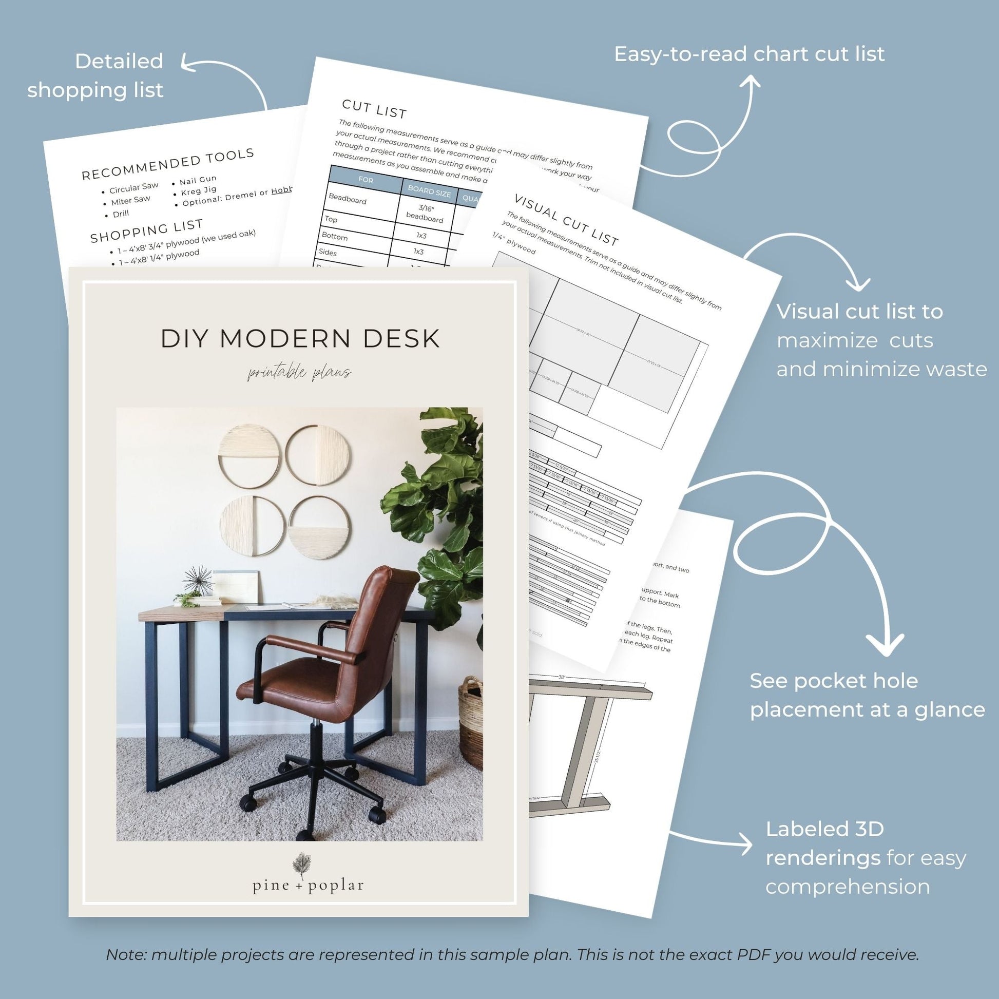 Preview pages of DIY printable project plans showing cut lists, 3D renderings, and detailed shopping list