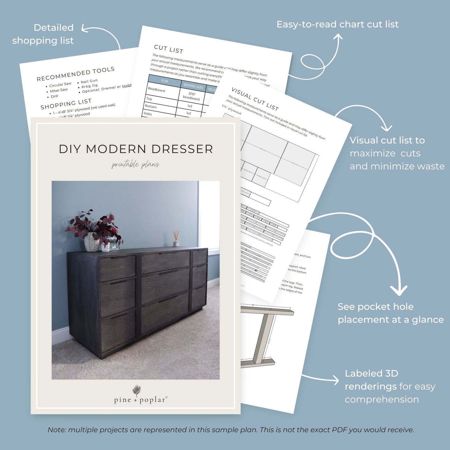 Preview pages of DIY printable project plans showing cut lists, 3D renderings, and detailed shopping list