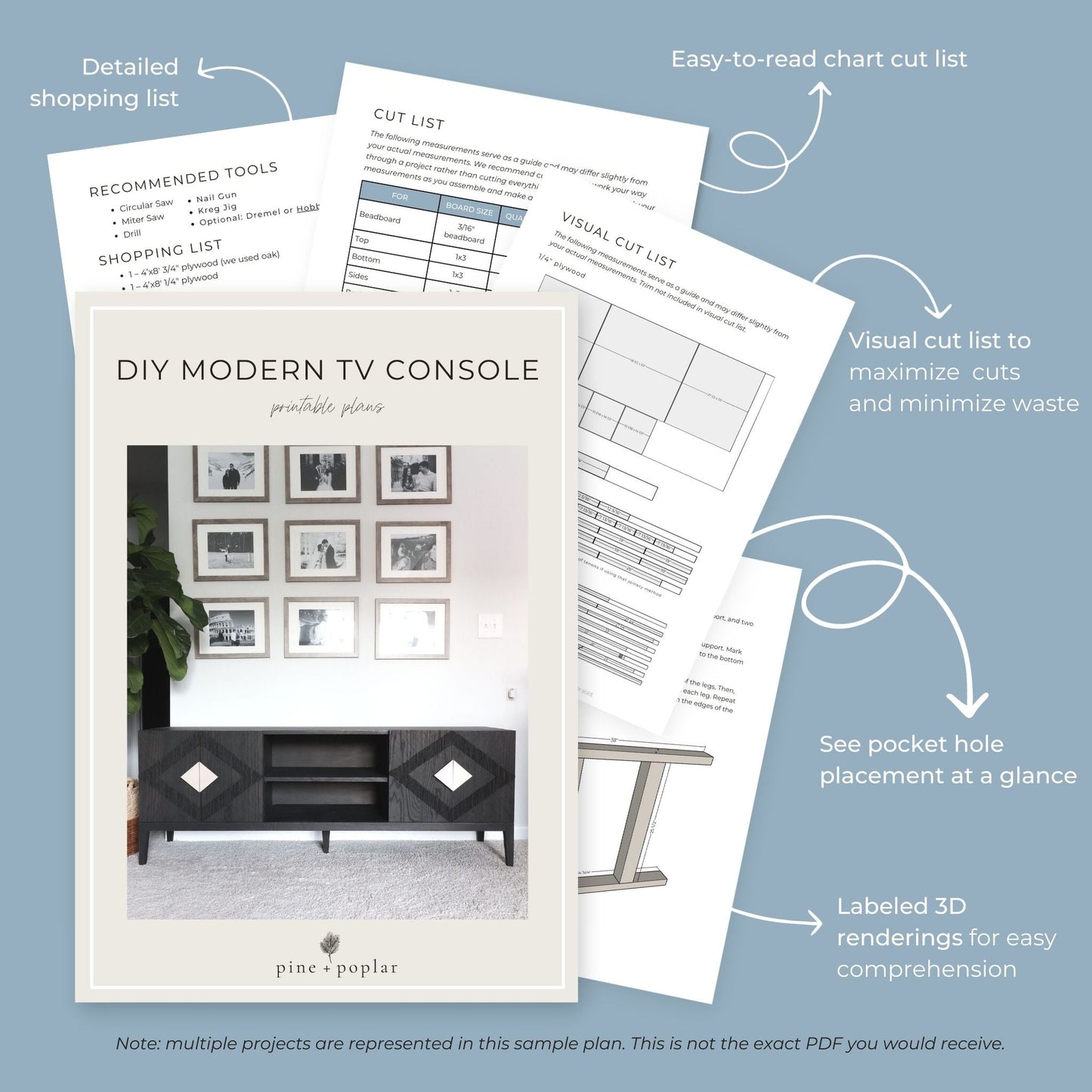 Preview pages of DIY printable project plans showing cut lists, 3D renderings, and detailed shopping list