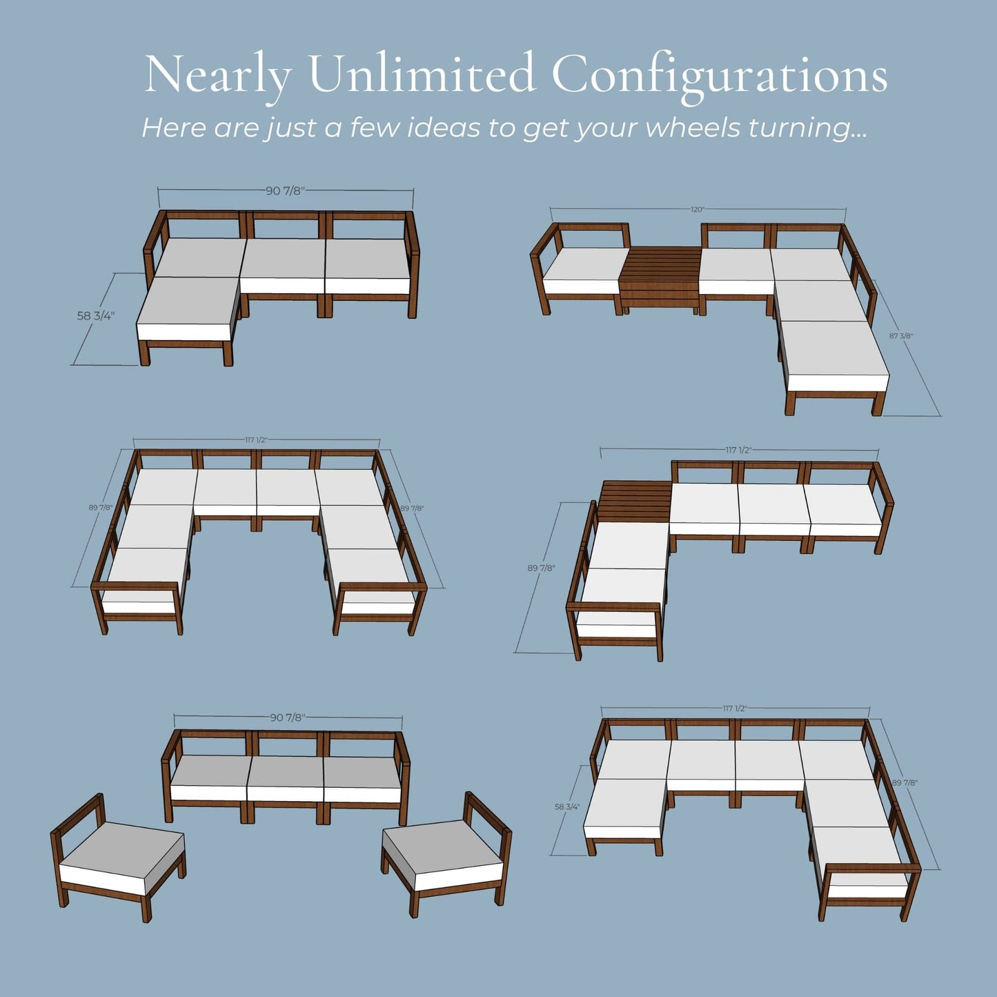 3D rendering of Modular Sectional with dimensions