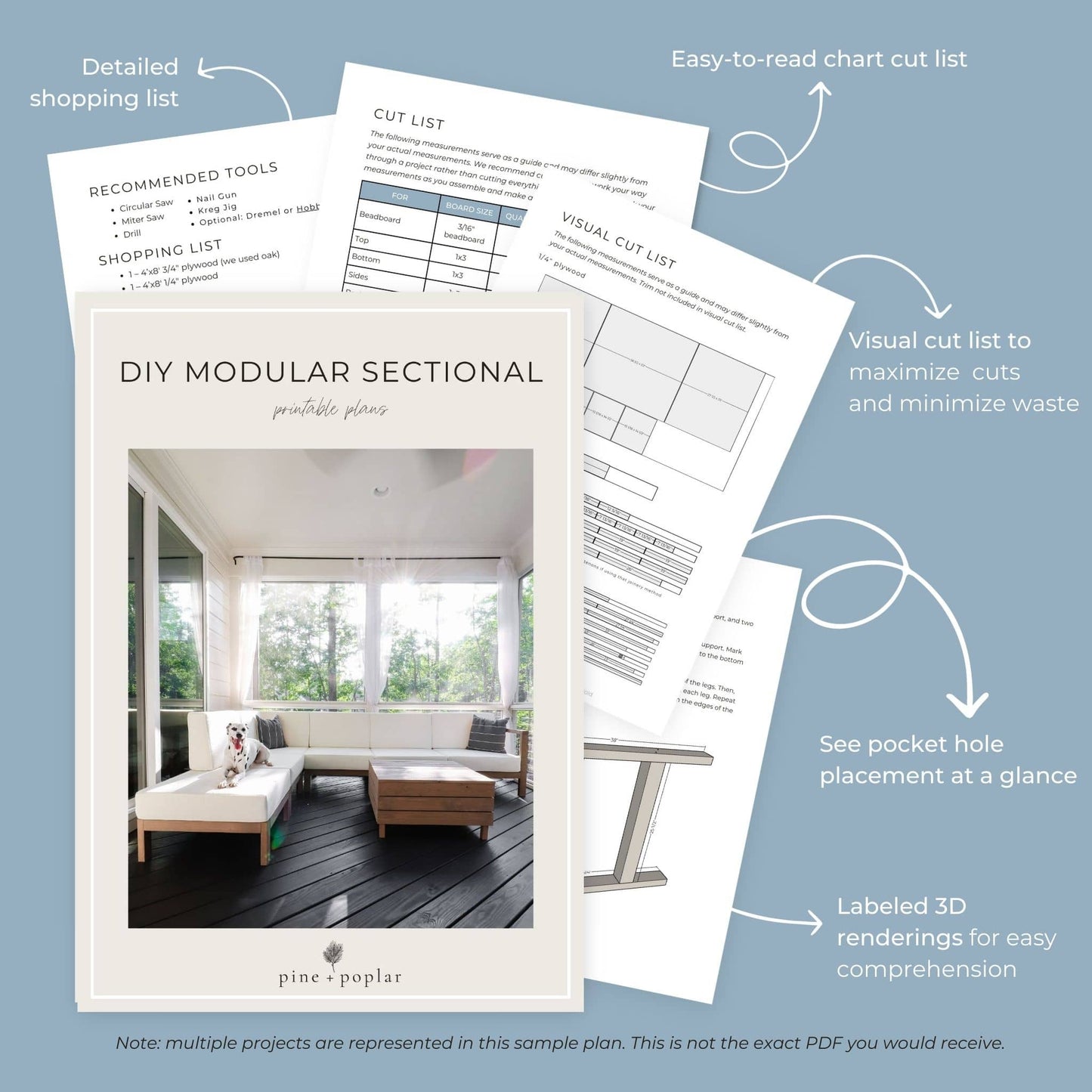 Preview pages of DIY printable project plans showing cut lists, 3D renderings, and detailed shopping list