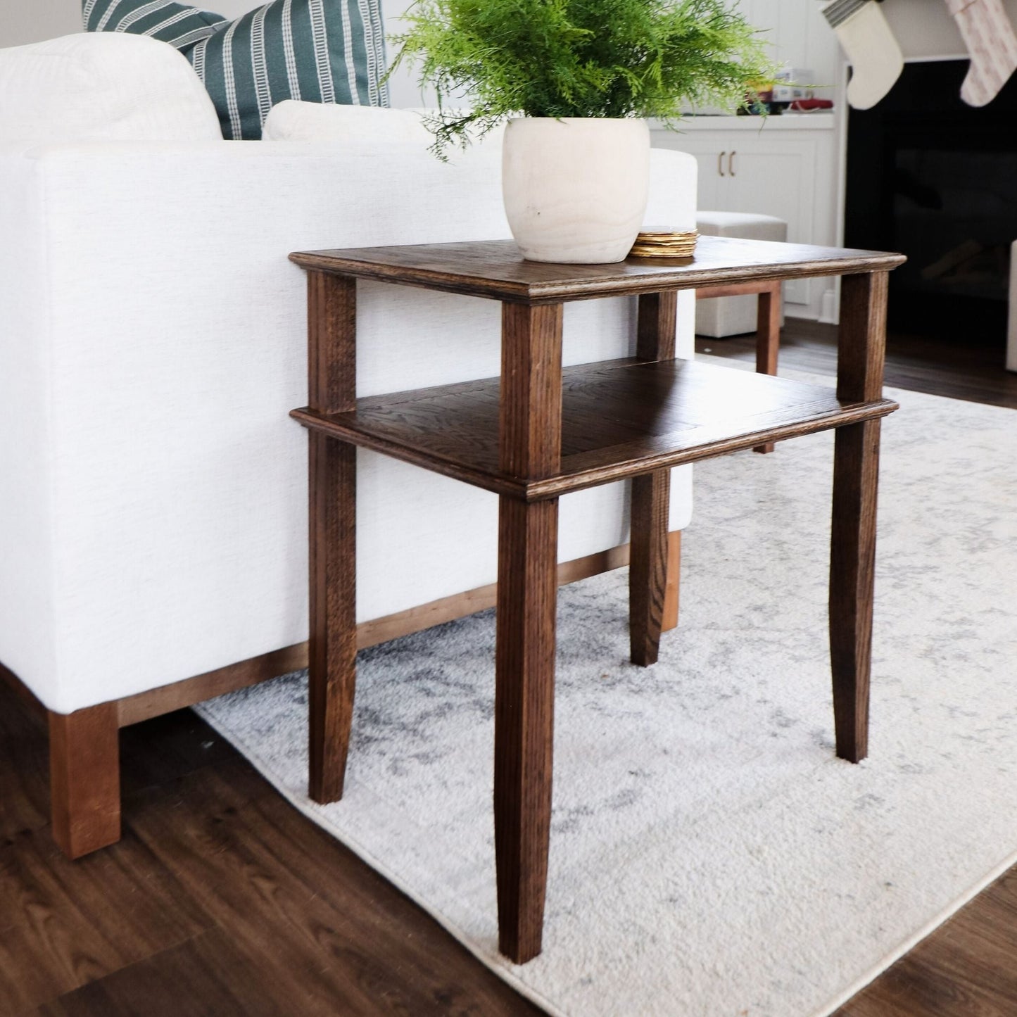 Narrow Side Table stained and styled in a living room