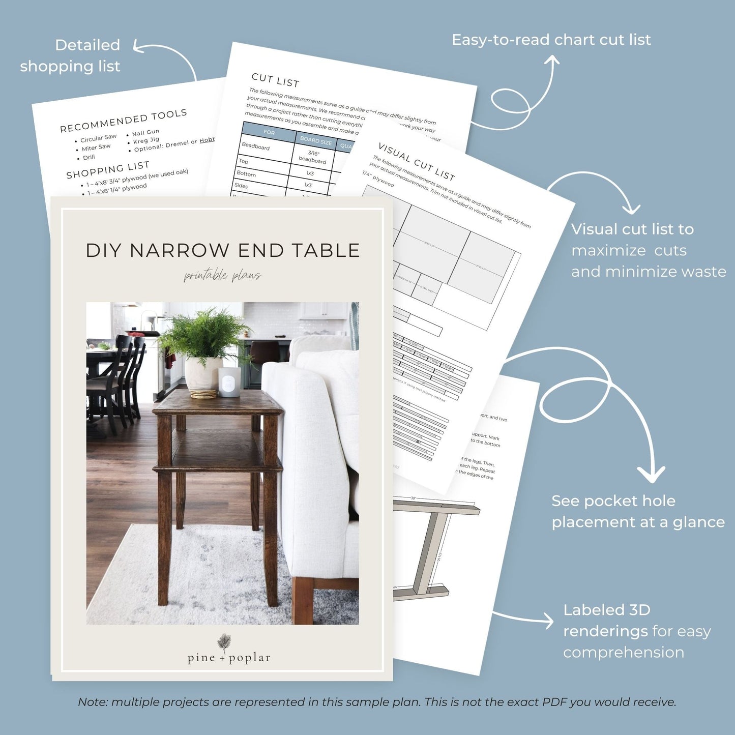 Preview pages of DIY printable project plans showing cut lists, 3D renderings, and detailed shopping list