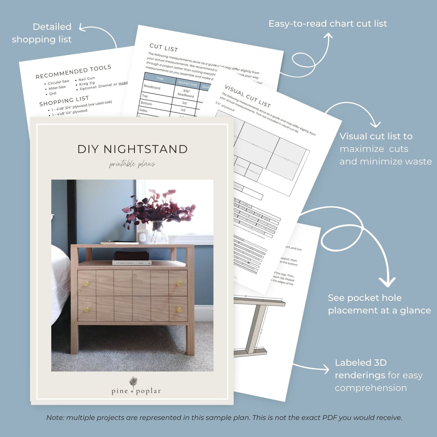 Preview pages of DIY printable project plans showing cut lists, 3D renderings, and detailed shopping list