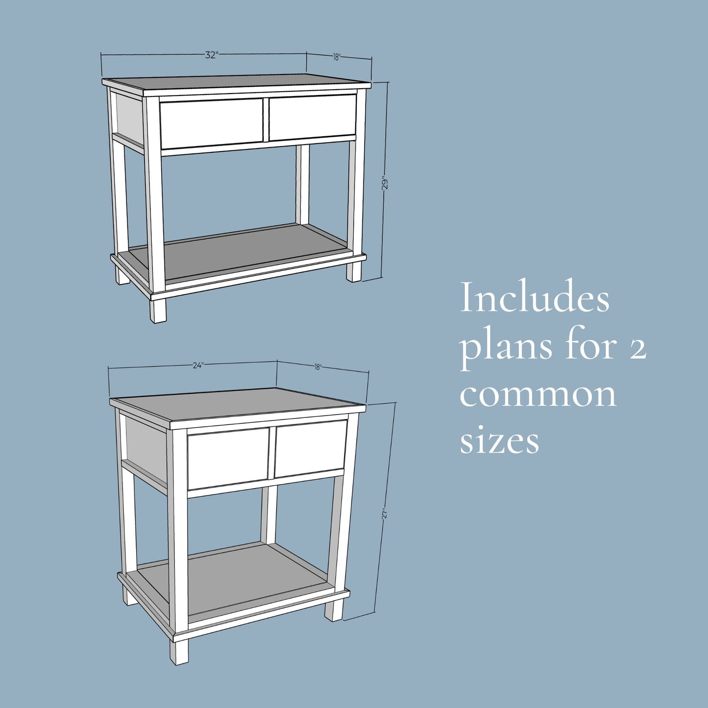 3D rendering of Nightstand with dimensions in two sizes