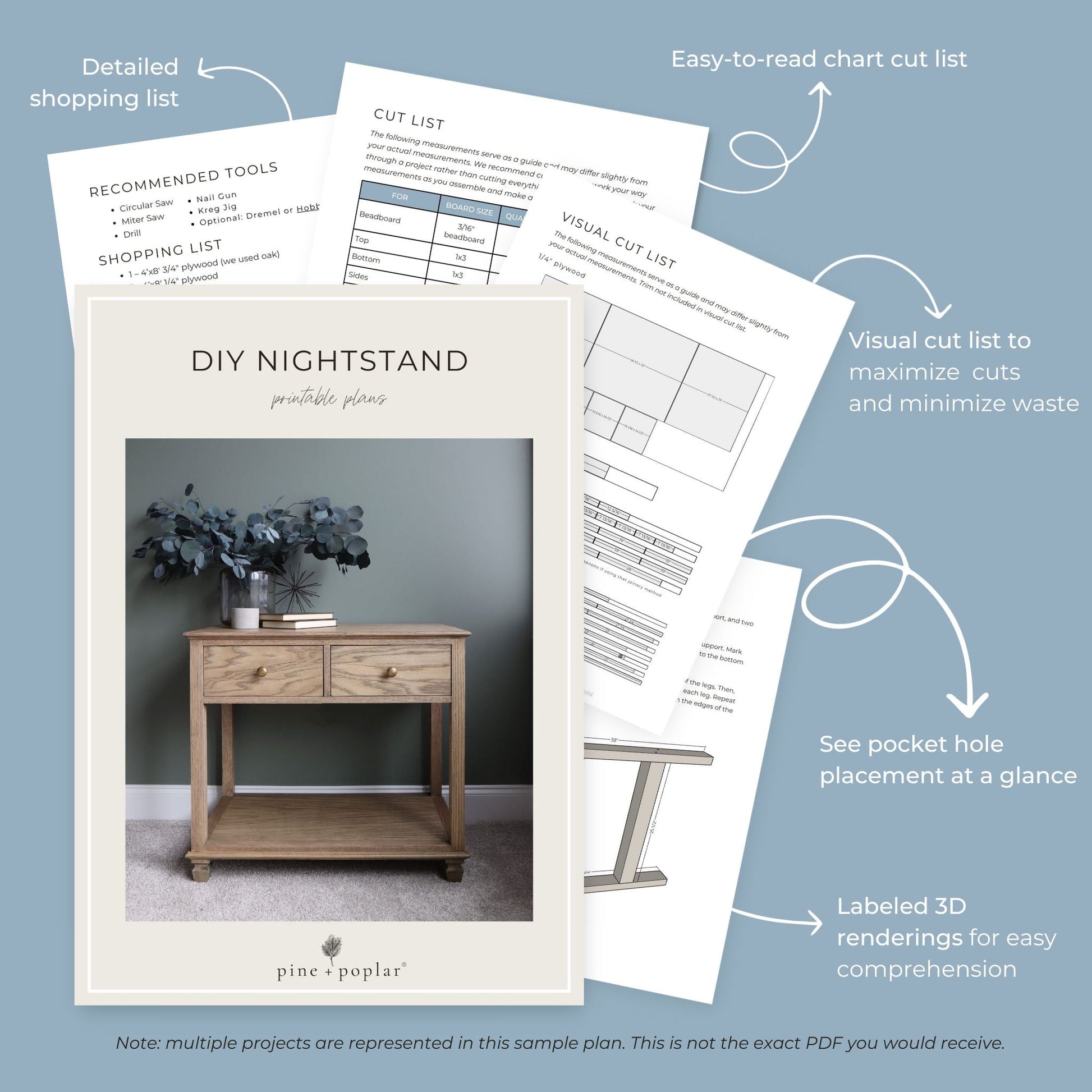 Preview pages of DIY printable project plans showing cut lists, 3D renderings, and detailed shopping list