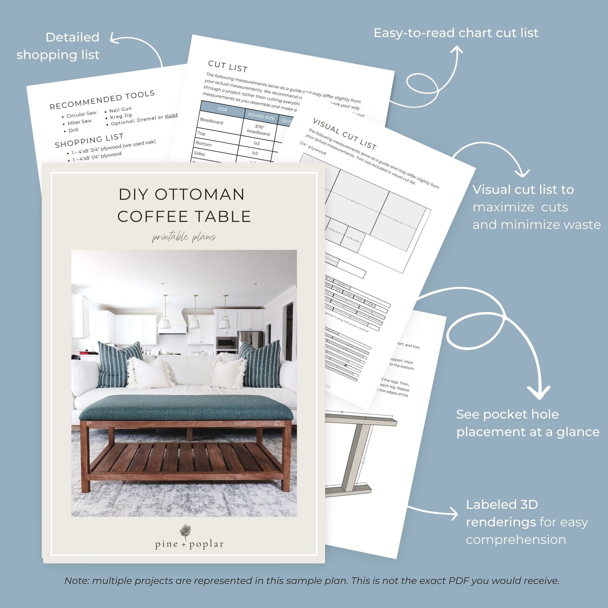 Preview pages of DIY printable project plans showing cut lists, 3D renderings, and detailed shopping list