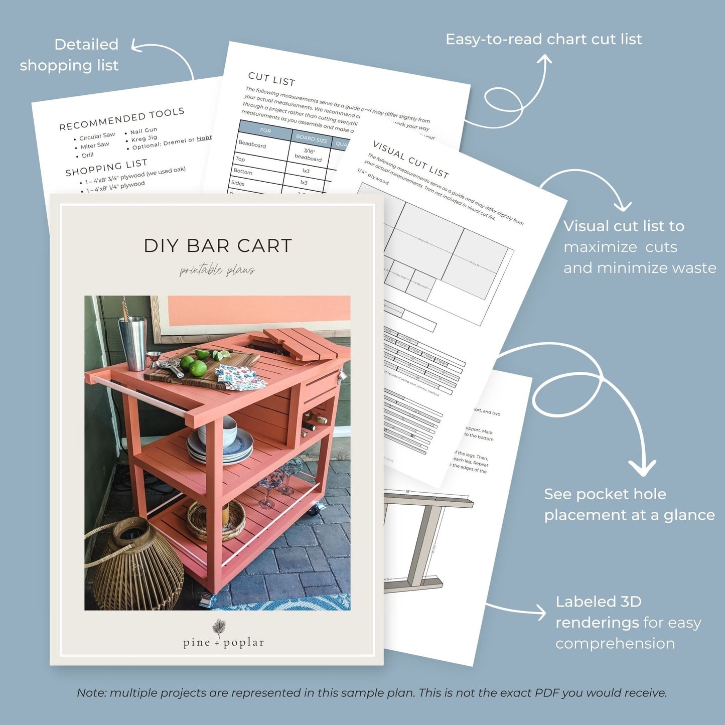 Preview pages of DIY printable project plans showing cut lists, 3D renderings, and detailed shopping list