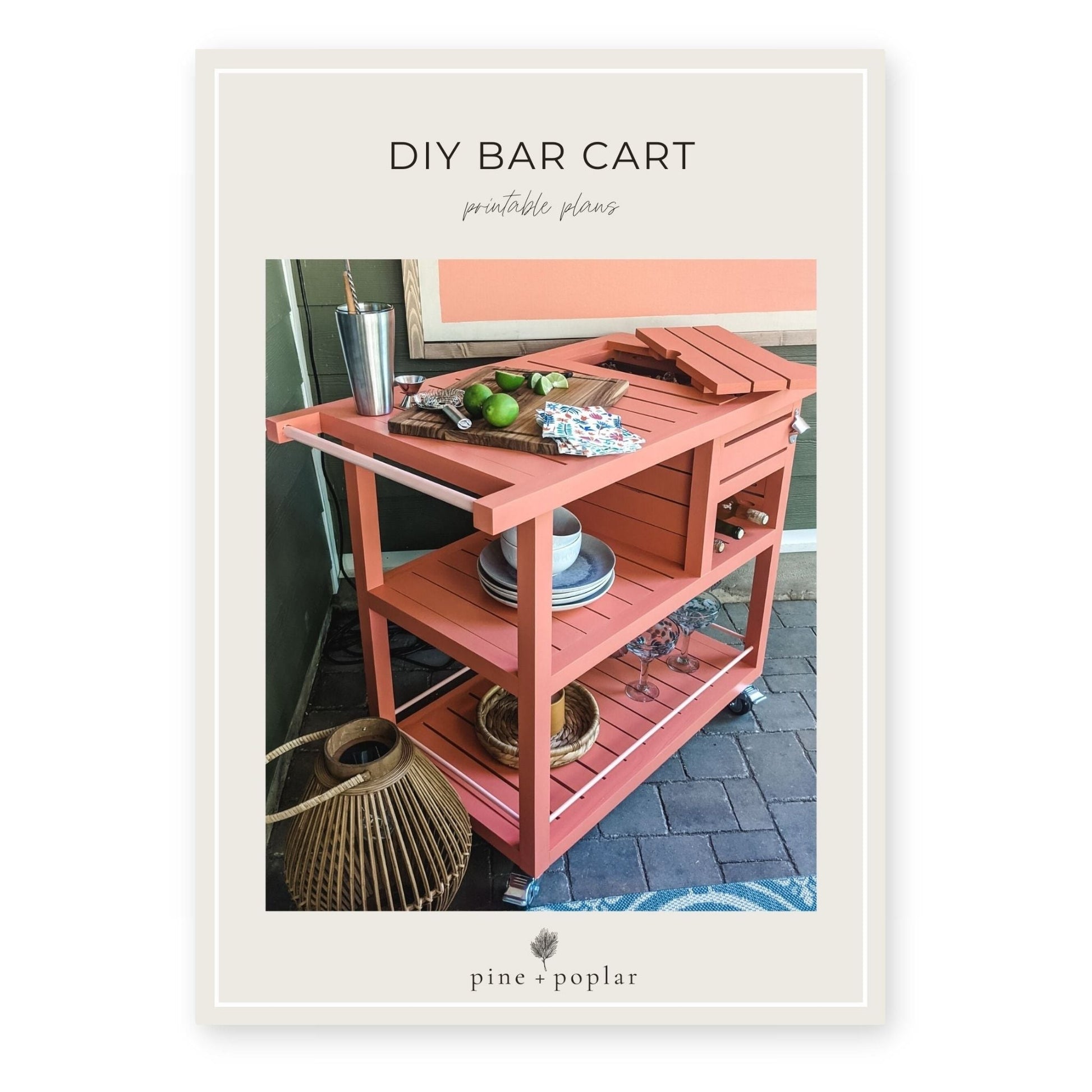 A printable plan for constructing an Outdoor Bar Cart, perfect for entertaining guests in your backyard.