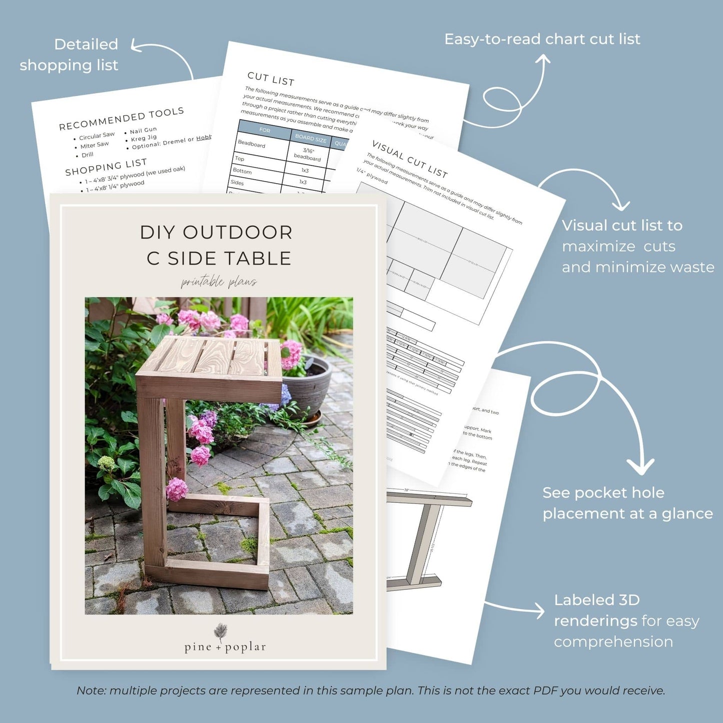 Preview pages of DIY printable project plans showing cut lists, 3D renderings, and detailed shopping list