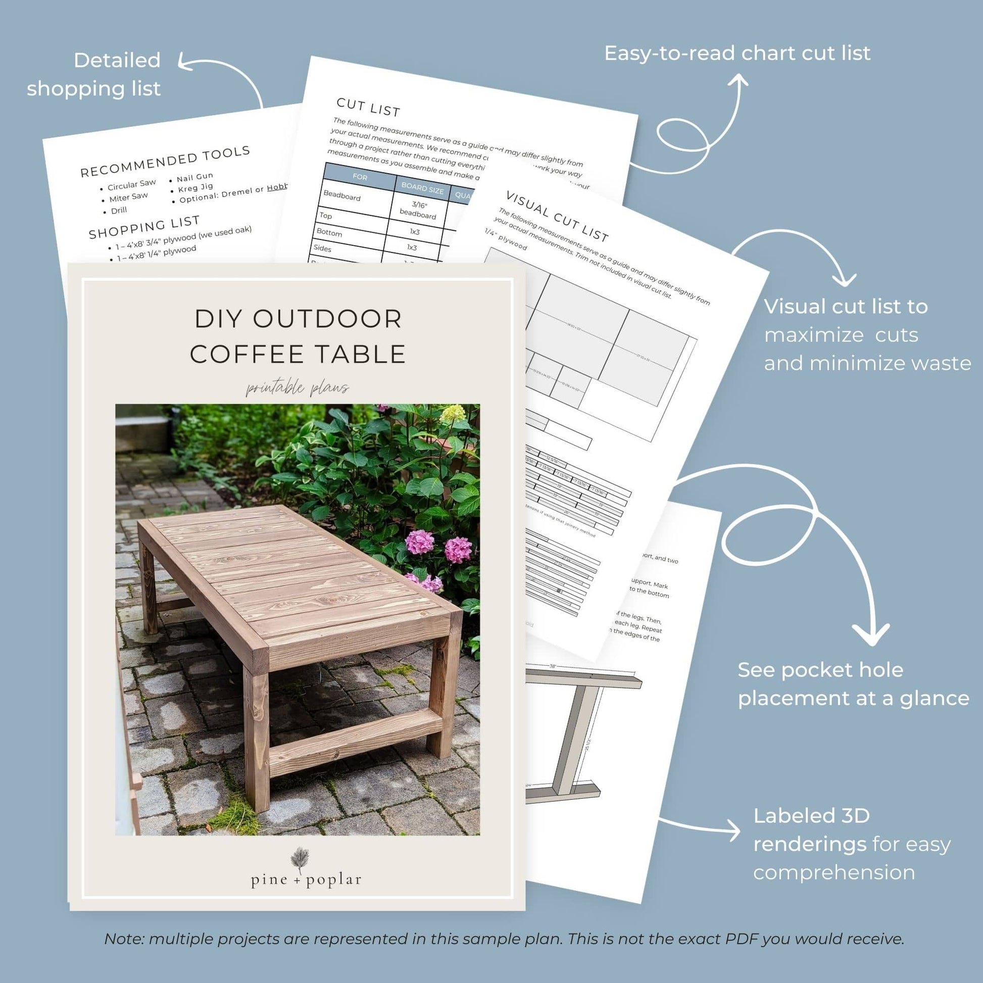 Preview pages of DIY printable project plans showing cut lists, 3D renderings, and detailed shopping list