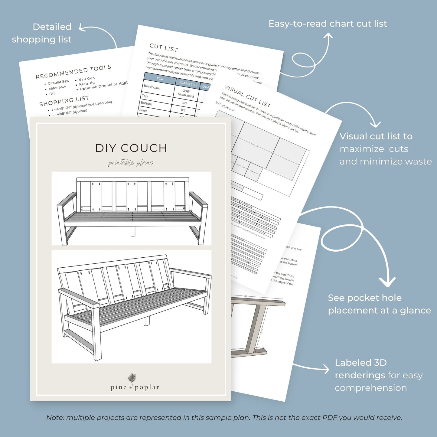 Outdoor Couch Preview pages of DIY printable project plans showing cut lists, 3D renderings, and detailed shopping list Plans