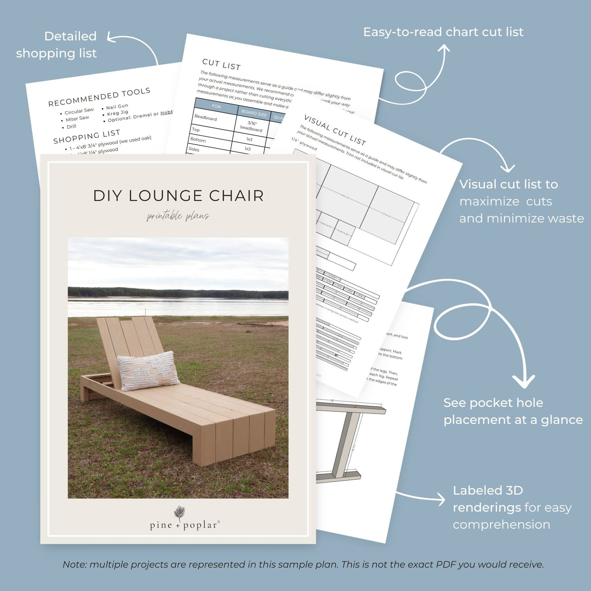 Preview pages of DIY printable project plans showing cut lists, 3D renderings, and detailed shopping list