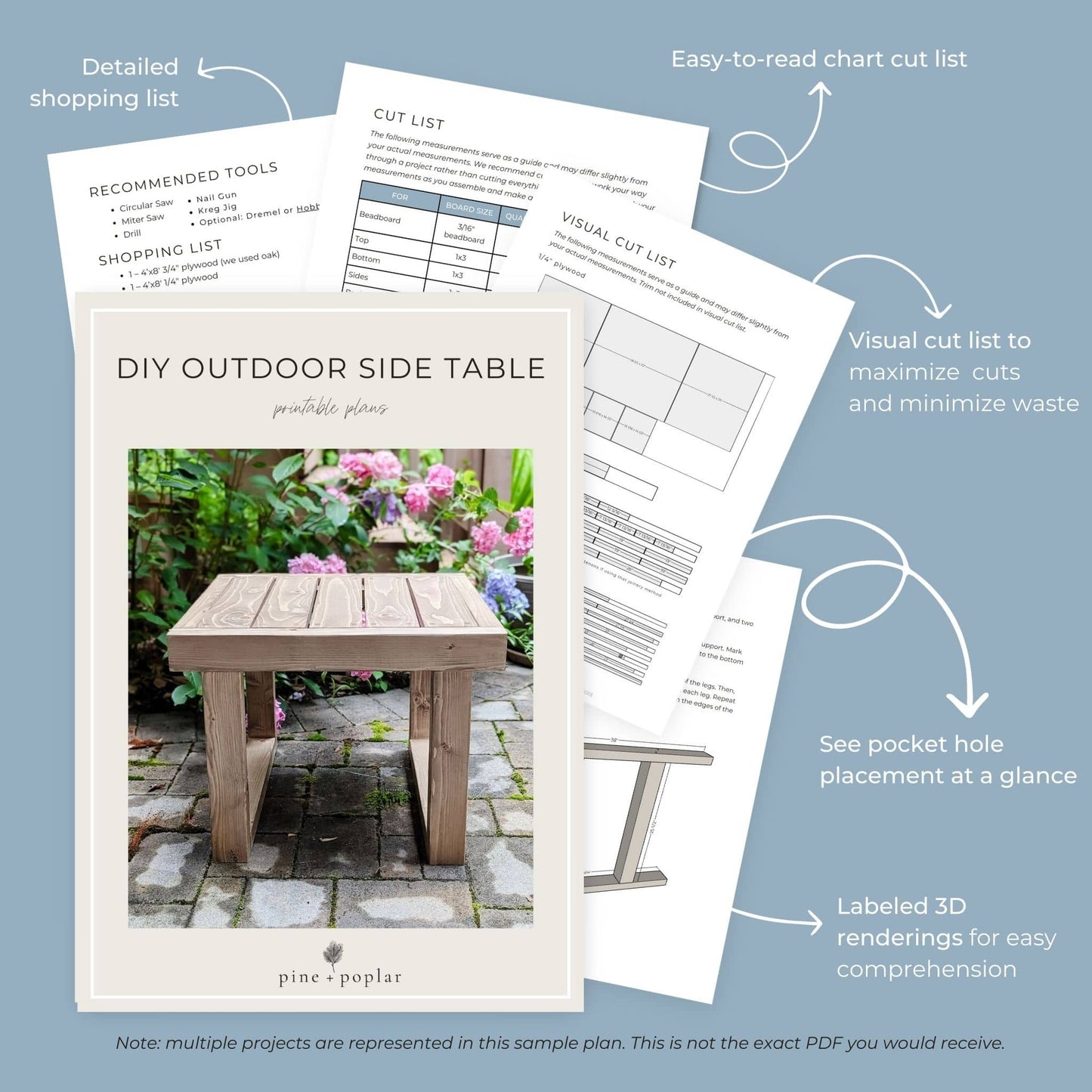 Preview pages of DIY printable project plans showing cut lists, 3D renderings, and detailed shopping list