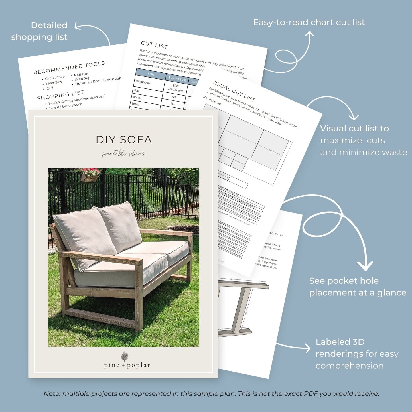 Preview pages of DIY printable project plans showing cut lists, 3D renderings, and detailed shopping list