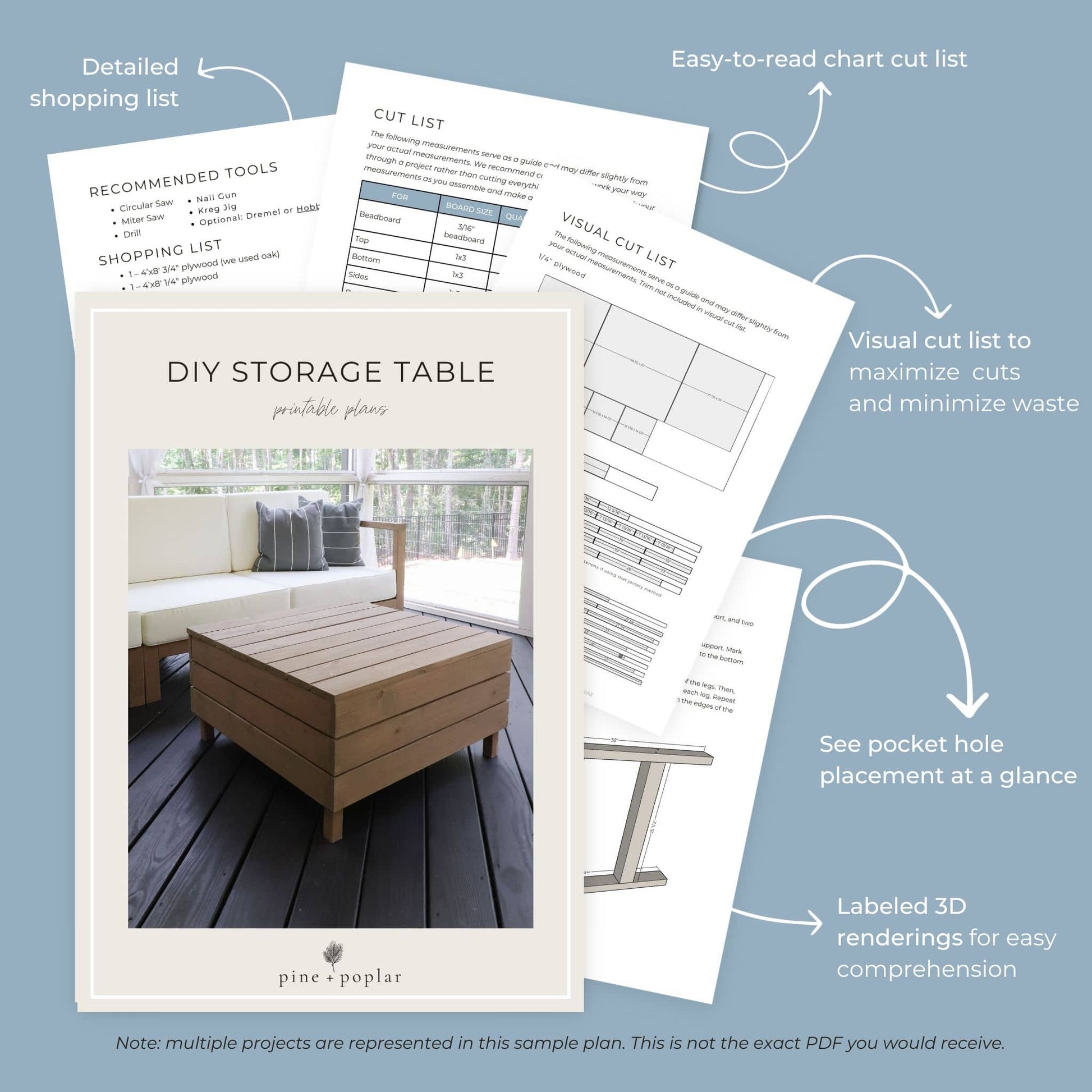 Preview pages of DIY printable project plans showing cut lists, 3D renderings, and detailed shopping list