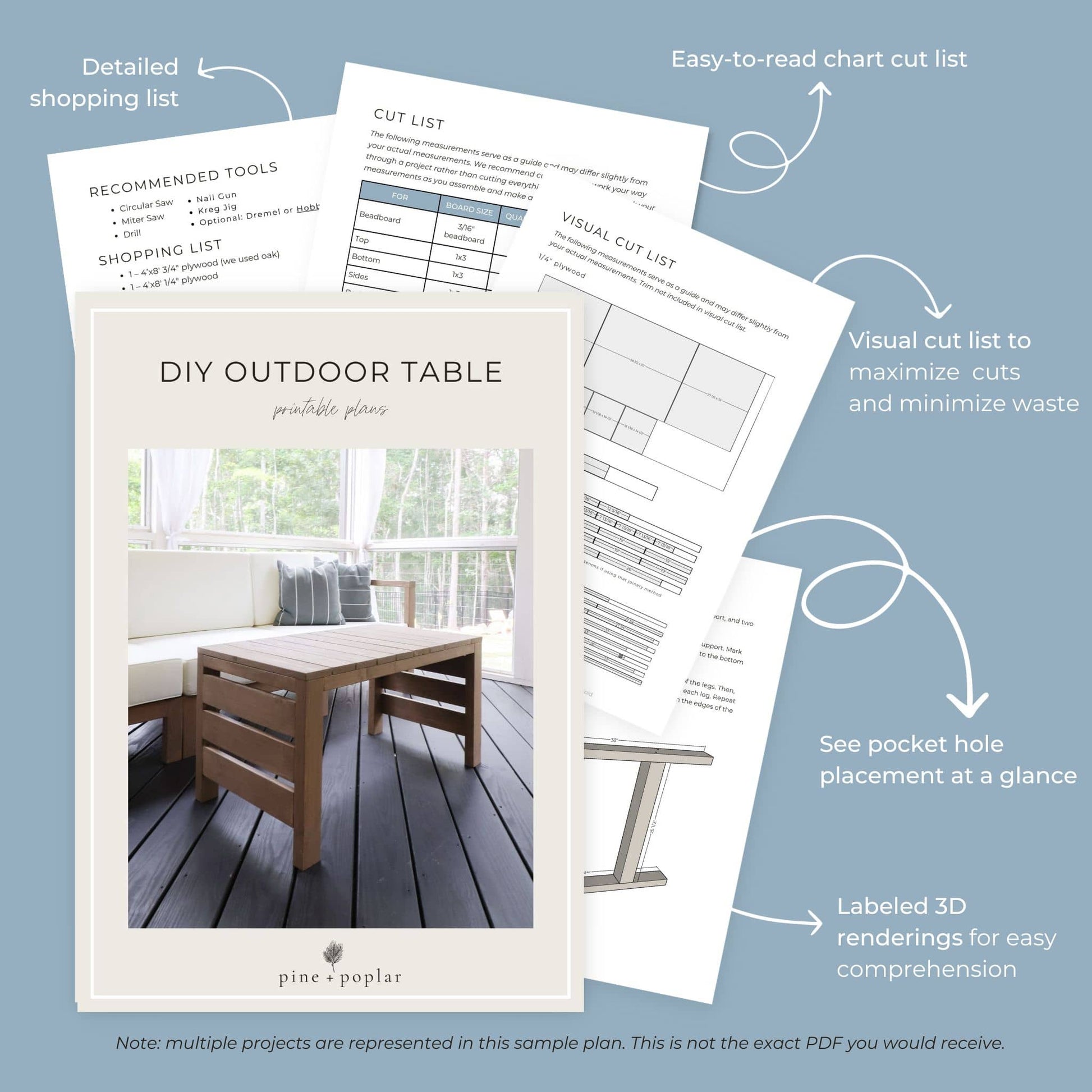 Preview pages of DIY printable project plans showing cut lists, 3D renderings, and detailed shopping list