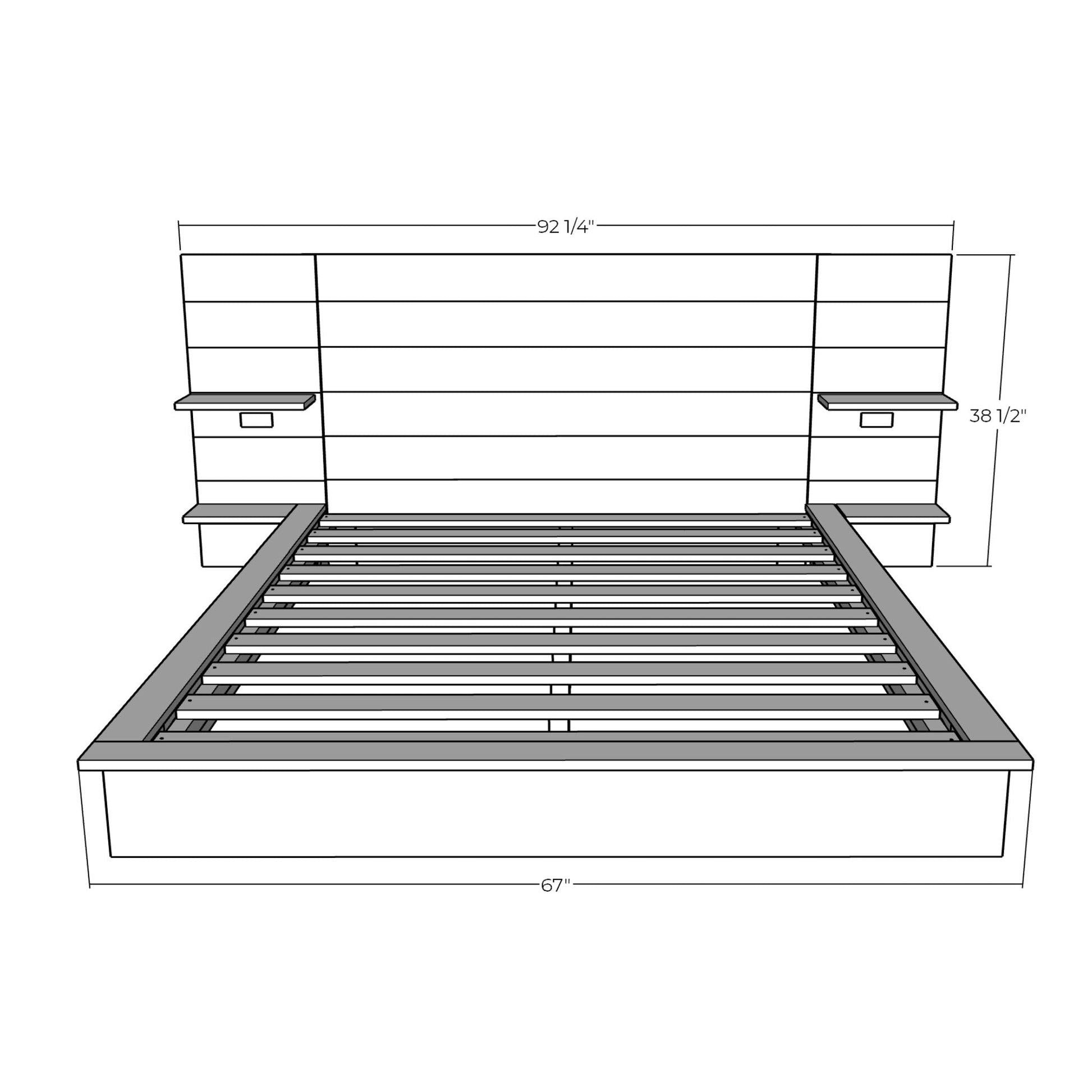 3D rendering of Platform Bed with Built-In Nightstands with dimensions