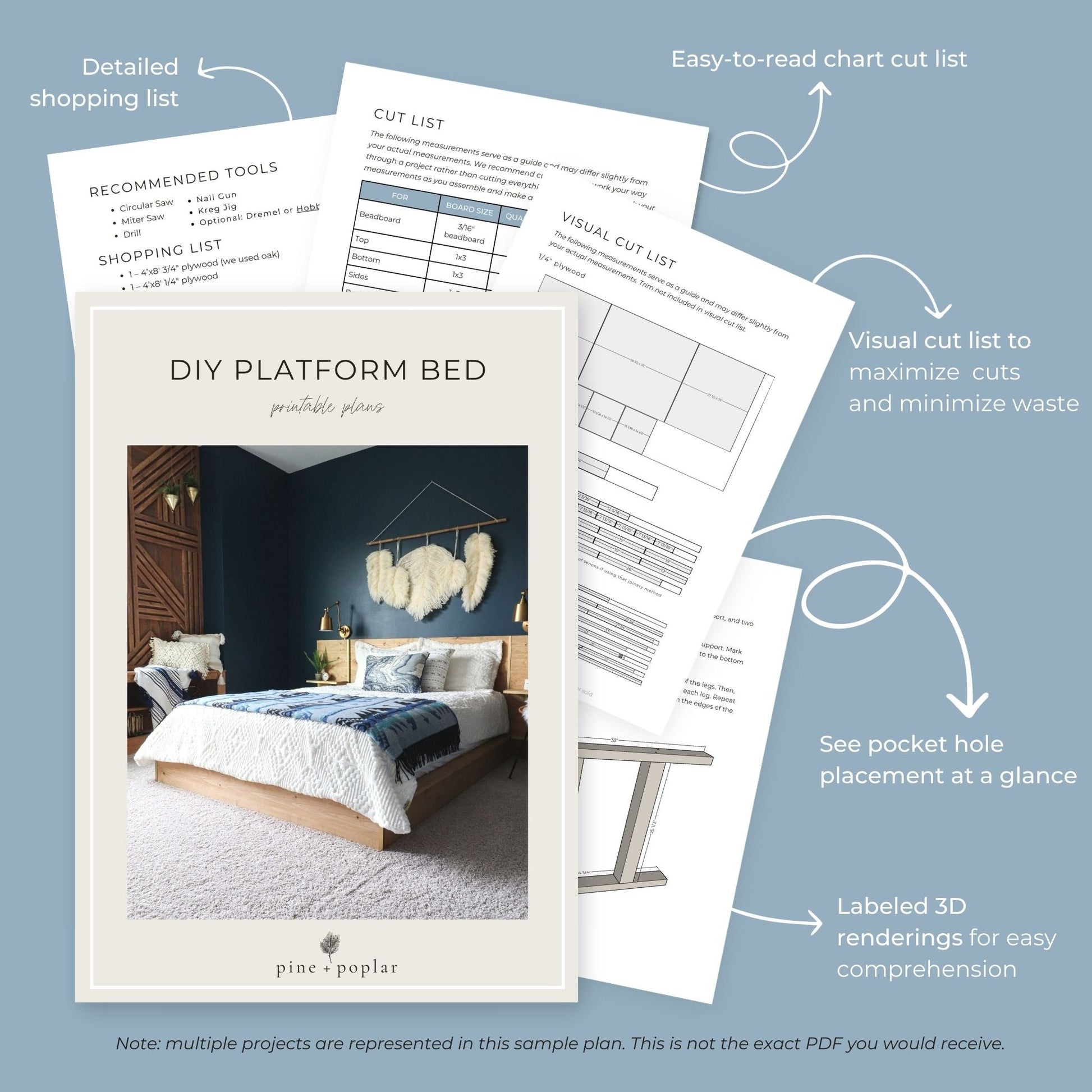 Preview pages of DIY printable project plans showing cut lists, 3D renderings, and detailed shopping list