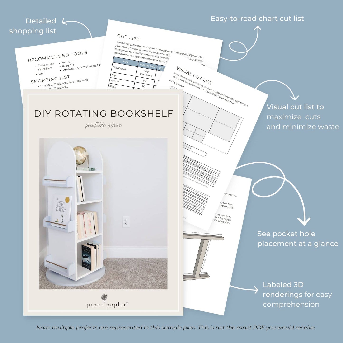 Preview pages of DIY printable project plans showing cut lists, 3D renderings, and detailed shopping list