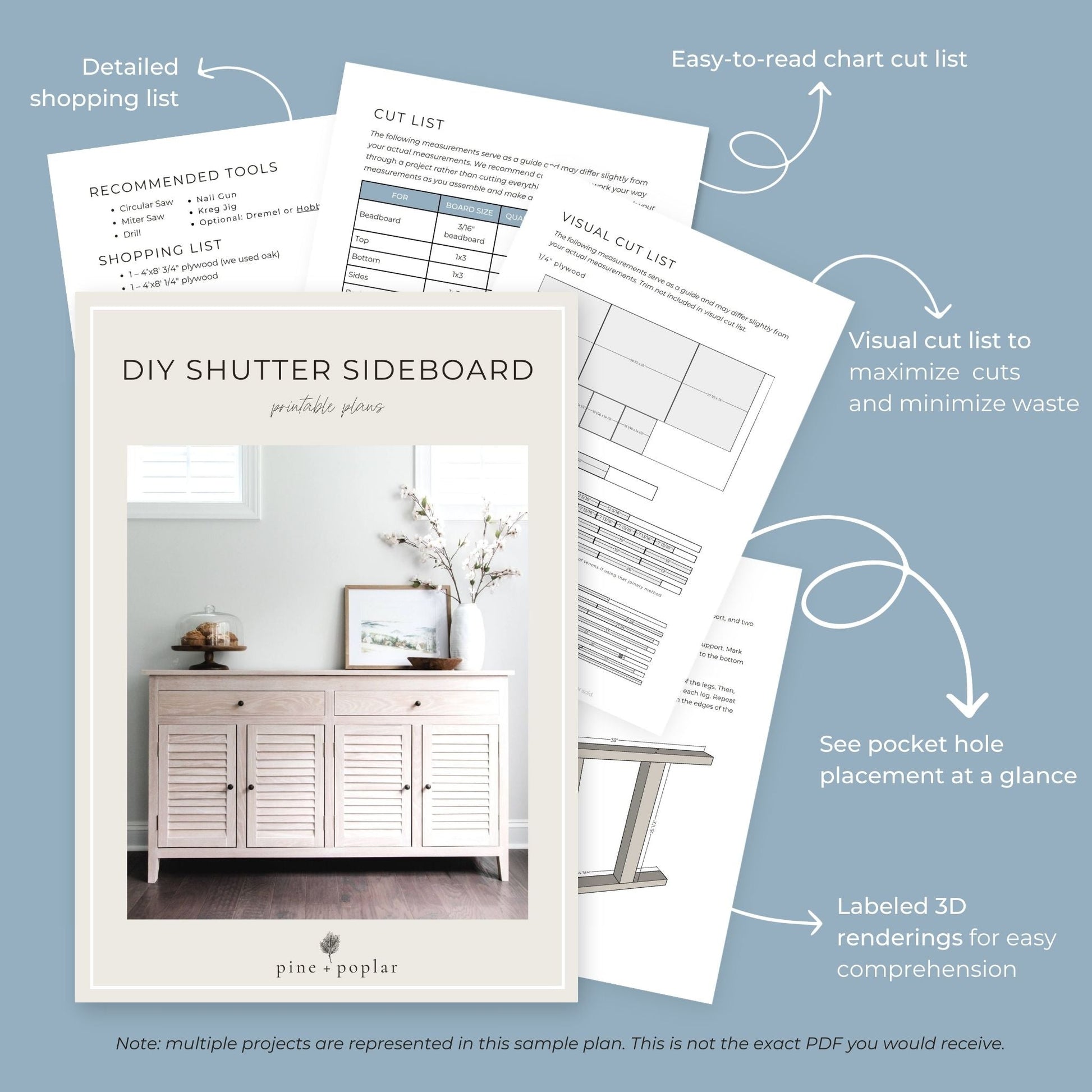 Preview pages of DIY printable project plans showing cut lists, 3D renderings, and detailed shopping list