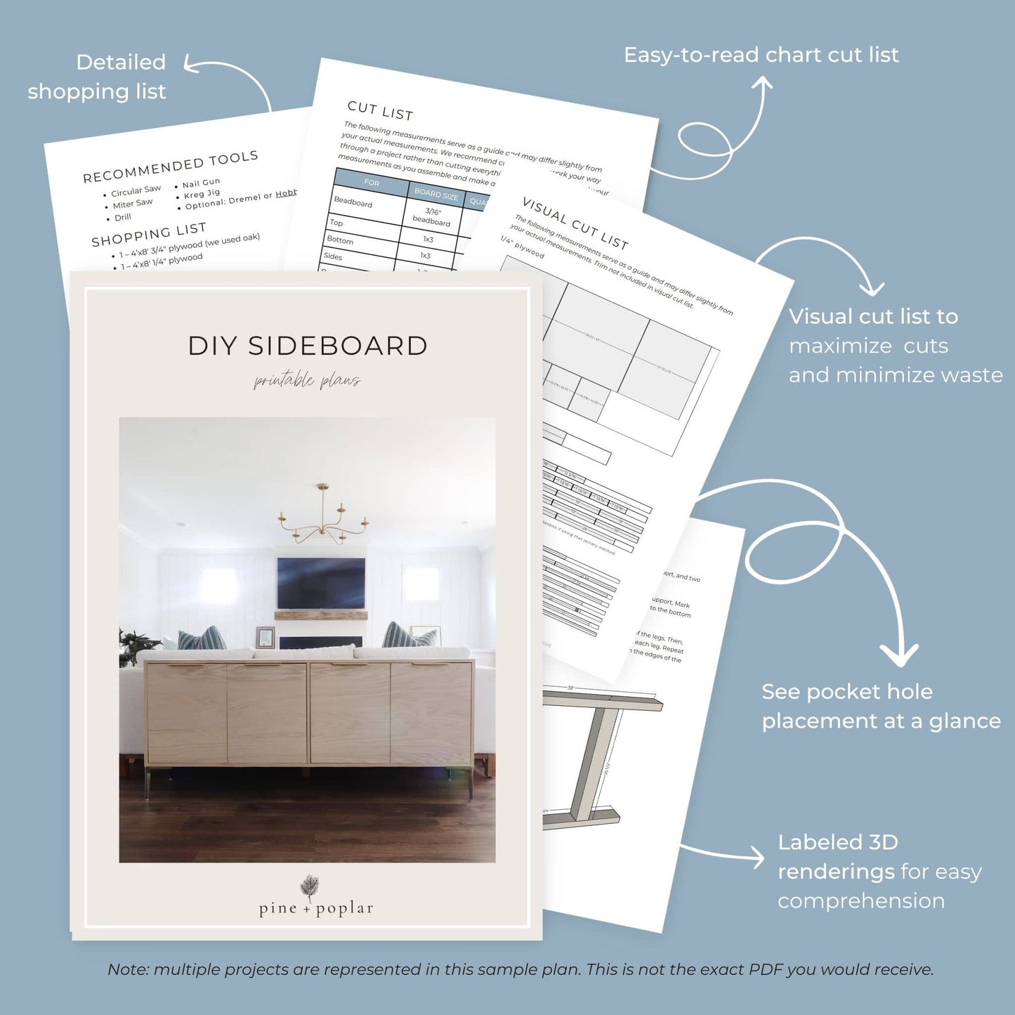 Preview pages of DIY printable project plans showing cut lists, 3D renderings, and detailed shopping list