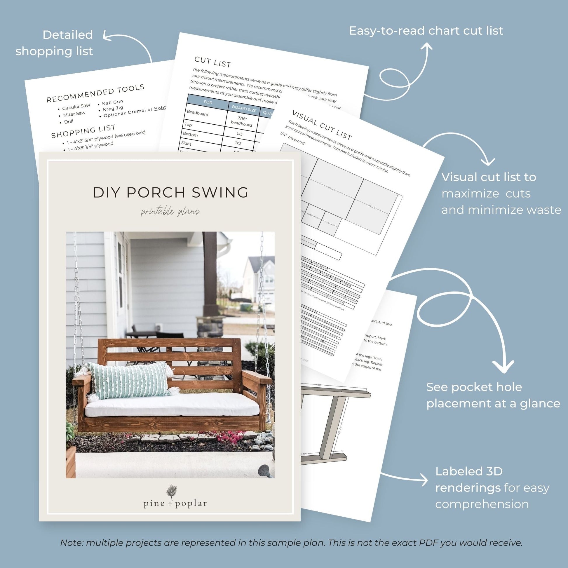 Preview pages of DIY printable project plans showing cut lists, 3D renderings, and detailed shopping list